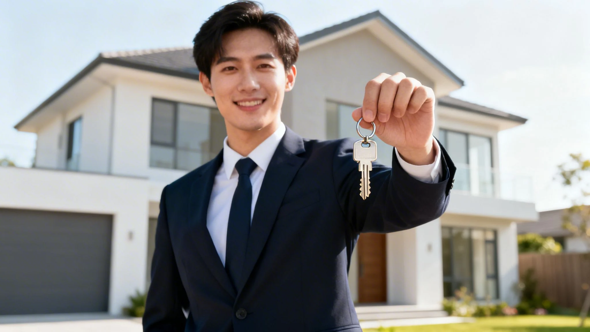 A smiling real estate agent in a suit holding a house key in front of a modern home.
