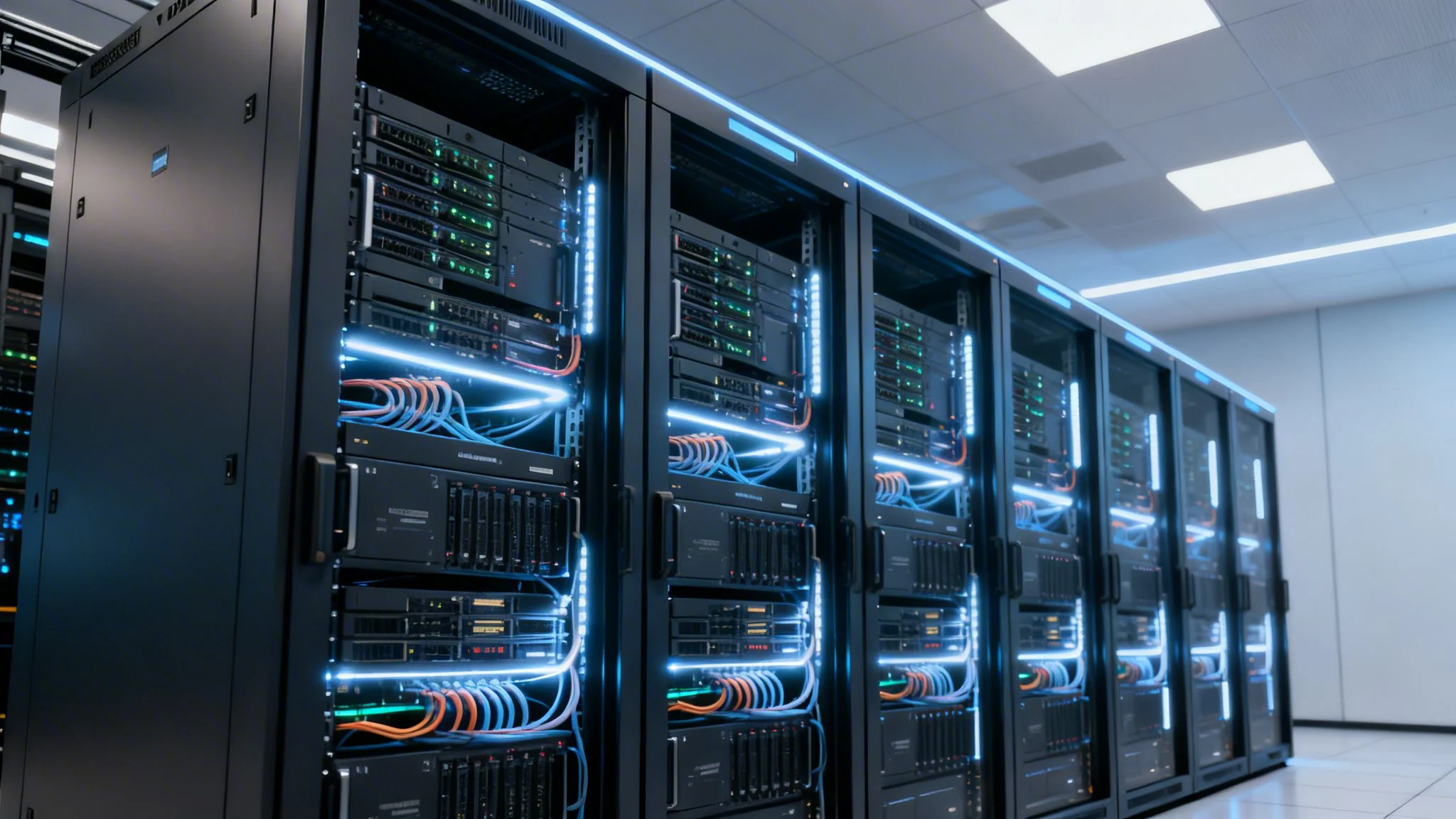 A modern data center server room with rows of illuminated high-performance server racks in a bright facility.