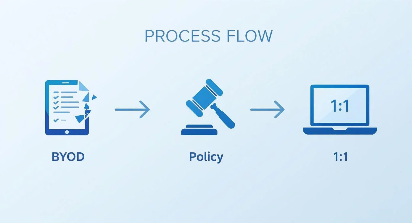 A process flow diagram showing BYOD with a tablet icon, an arrow to a policy icon with a gavel, then another arrow to a laptop icon labelled 1:1.