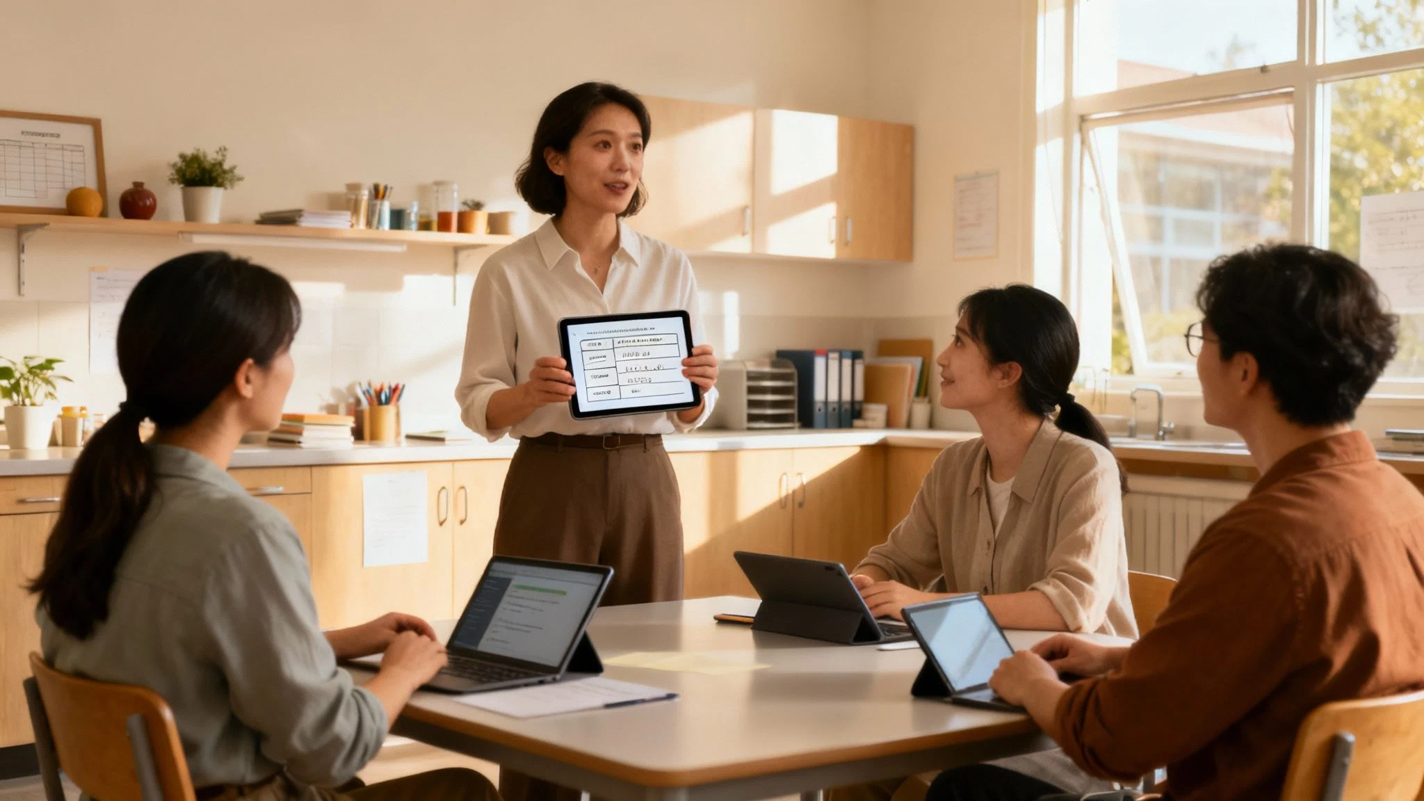 A woman stands and presents a tablet displaying a chart to three seated colleagues, all with laptops, in a bright office with shelves, cupboards, and large windows.