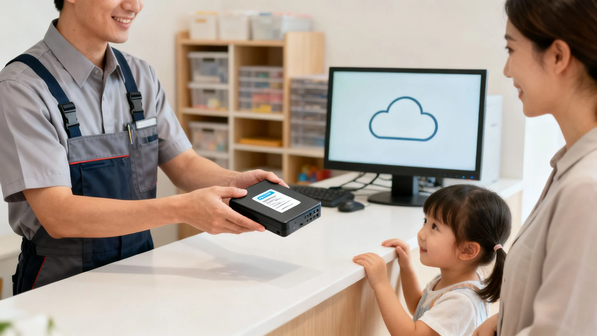 A smiling technician hands a black device with a label to a woman and child at a service counter.