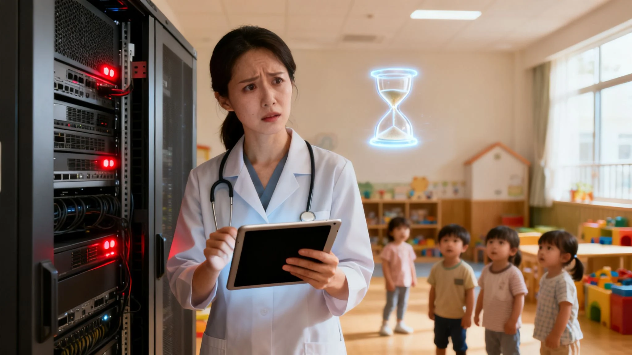 A concerned doctor with a tablet stands by server racks in a classroom, whilst young children watch. A digital hourglass icon floats in the air, indicating urgency or waiting.