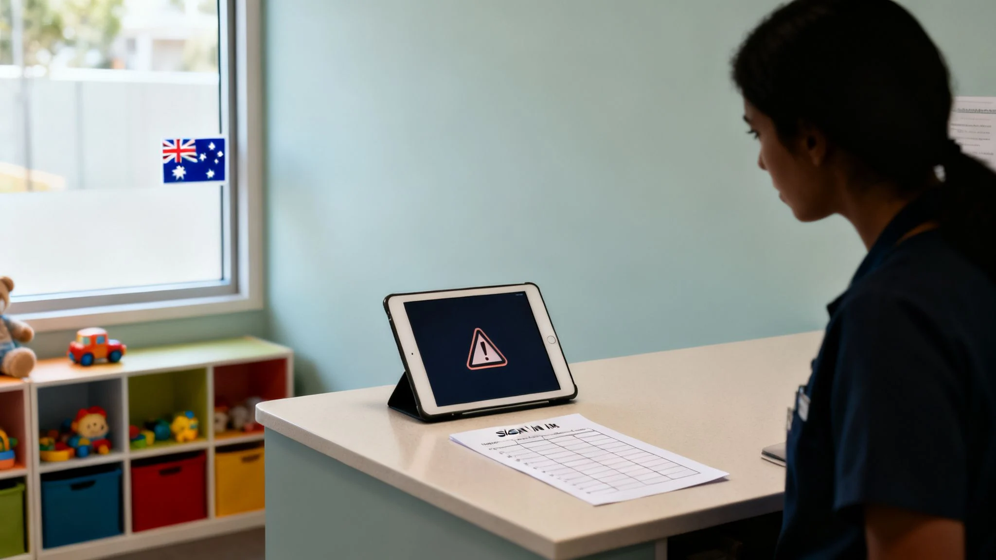A staff member stands at a childcare reception desk with an iPad showing an alert icon and a sign-in sheet.