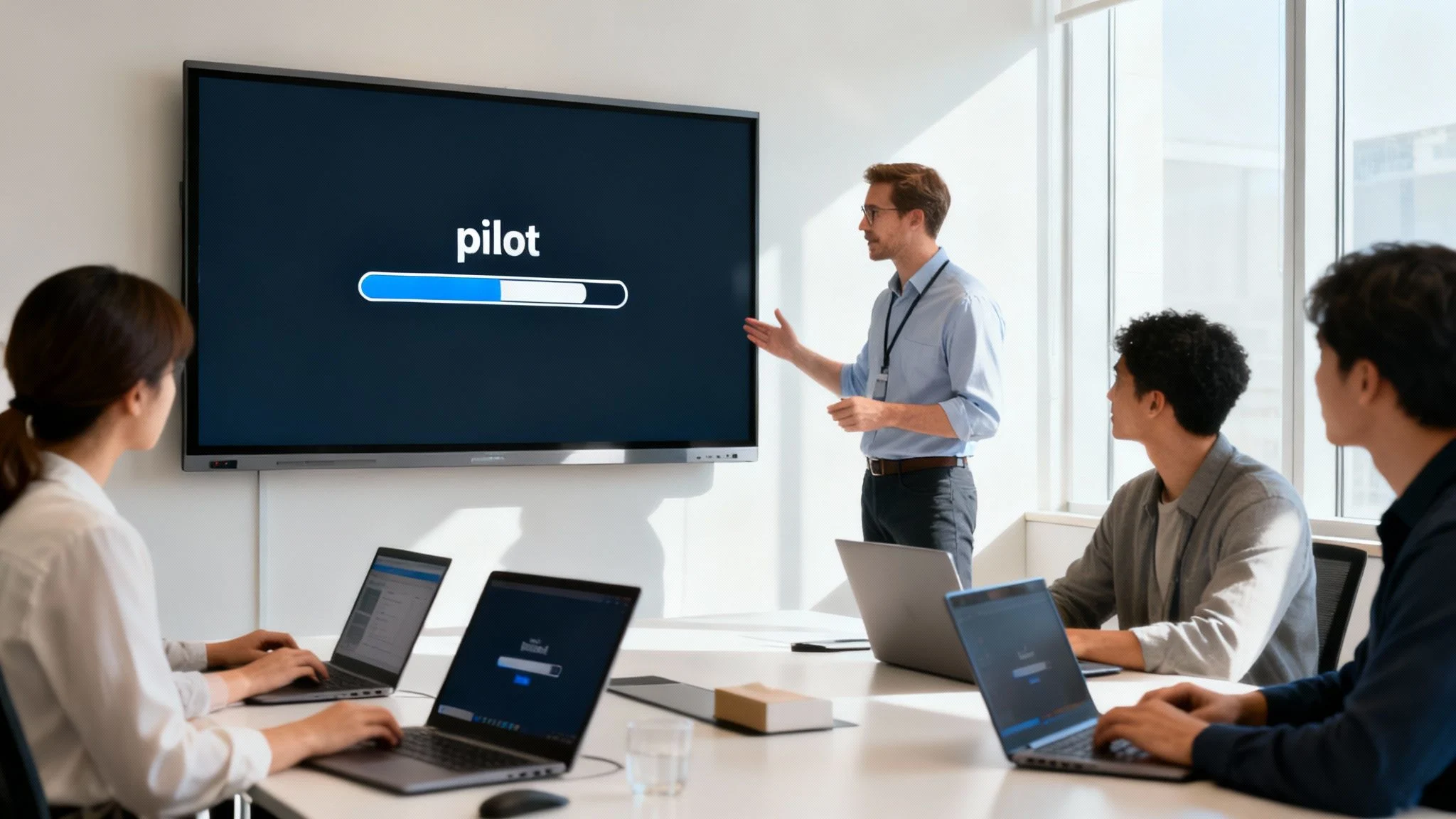 Professionals attend a business meeting, where a man presents a 'pilot' project on a large screen.