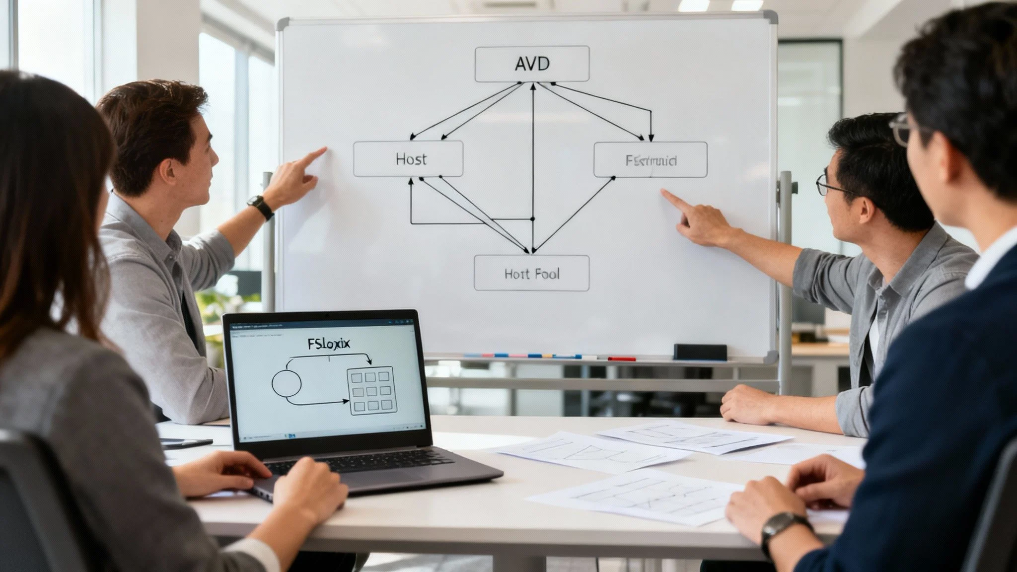 A team of professionals in a meeting discussing technical diagrams on a whiteboard and a laptop.