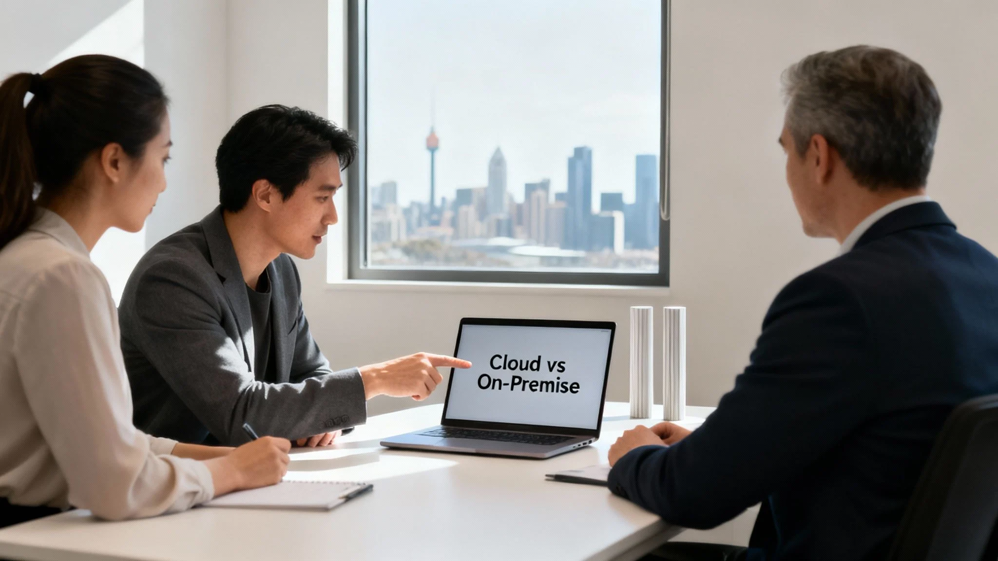 Business professionals discuss 'Cloud vs On-Premise' solutions on a laptop in a modern office meeting.