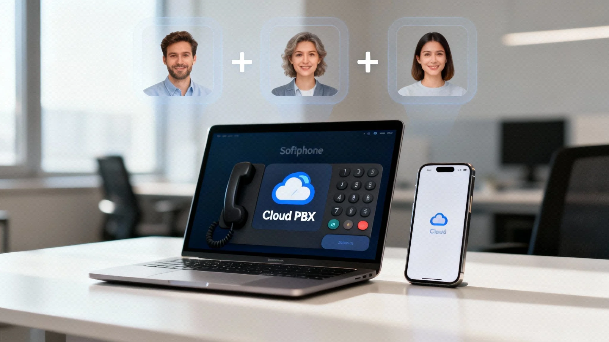 Laptop and smartphone displaying Cloud PBX software with smiling diverse user portraits above, for modern business communication.