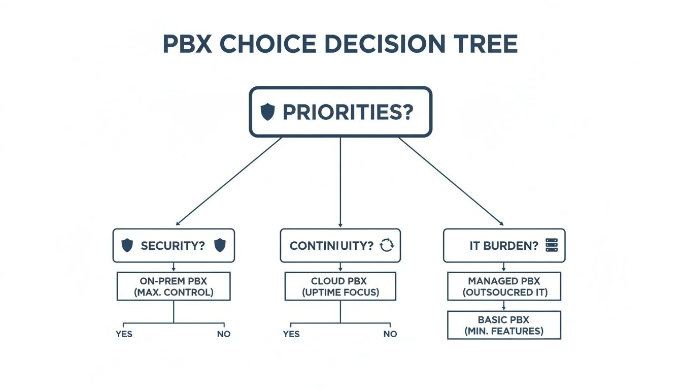 A decision tree diagram illustrating PBX choice based on security, continuity, and IT burden priorities.