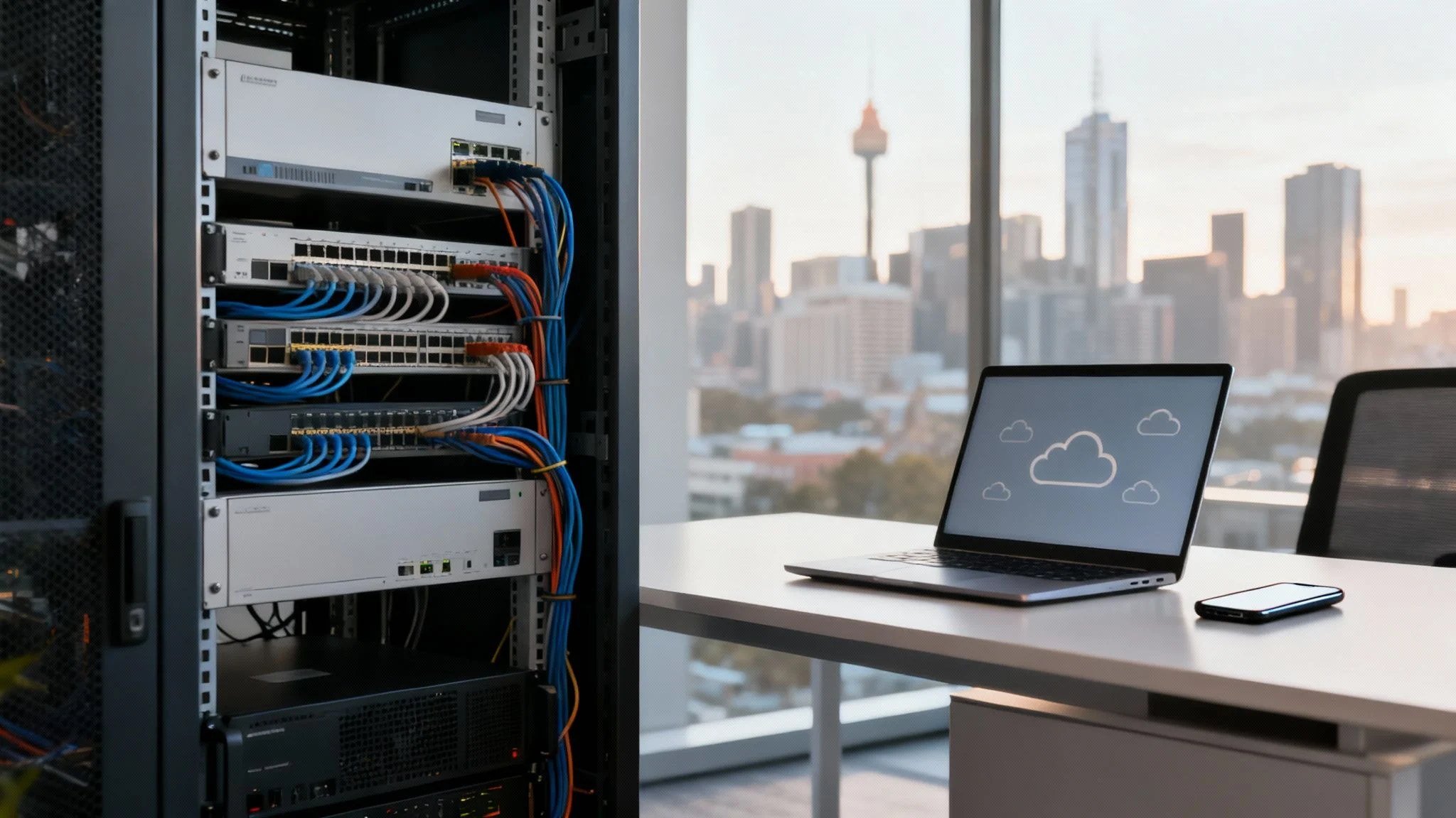 A laptop with a cloud icon on its screen sits on a desk beside a mobile phone, next to a server rack with networking equipment, in a modern office with large windows overlooking a city skyline.