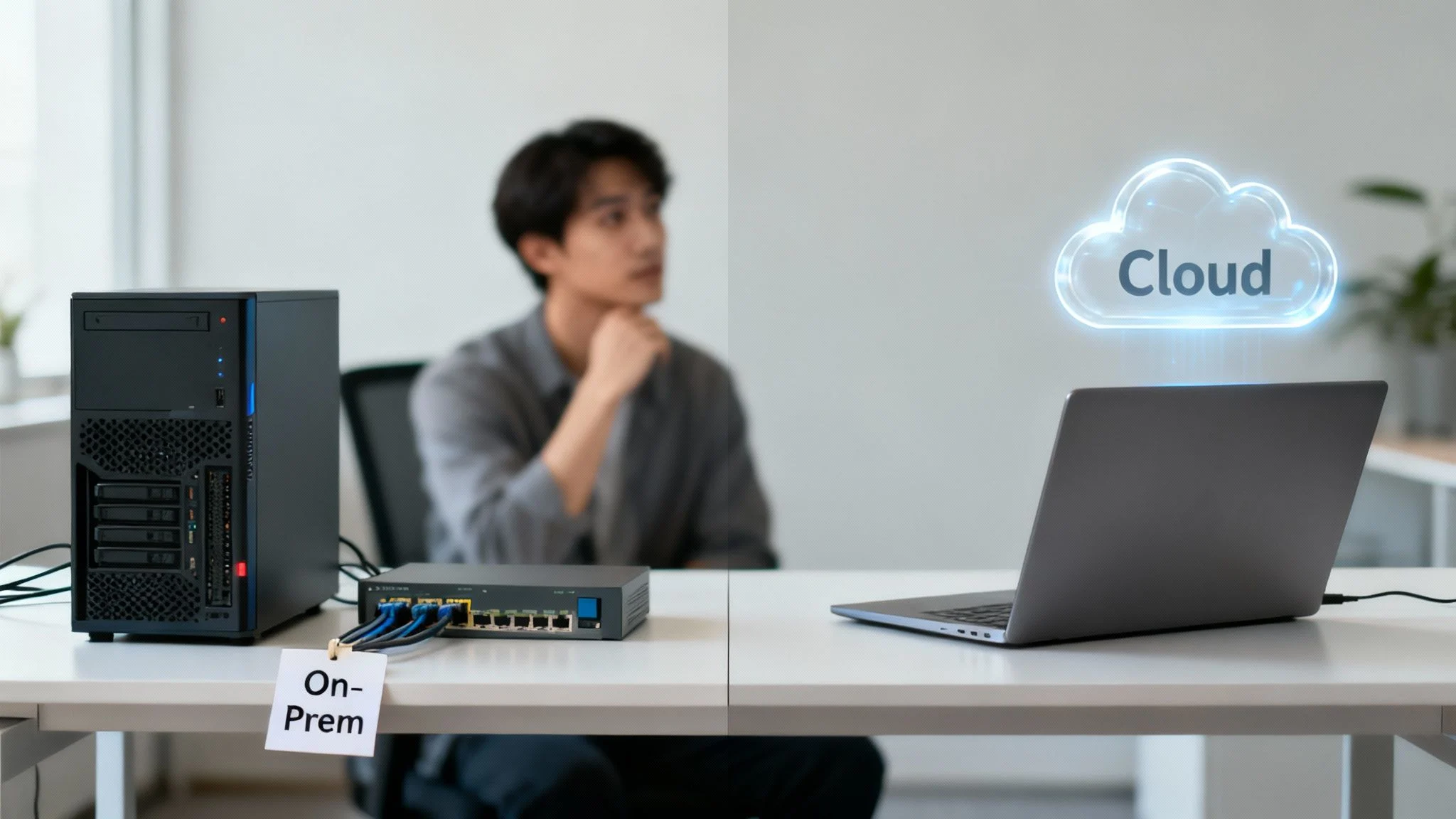 Asian man observes on-premise server, network switch, and laptop displaying a glowing cloud icon.