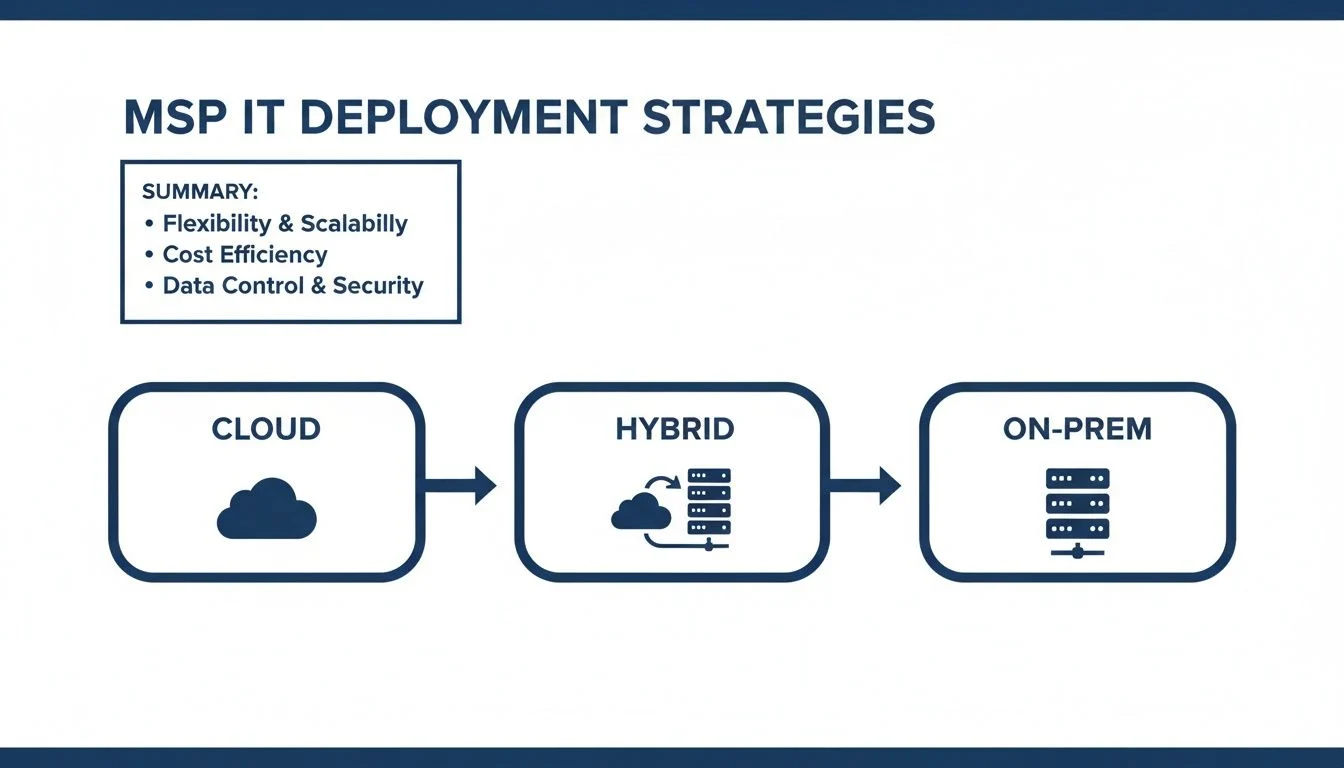 Diagram illustrating MSP IT deployment strategies: Cloud, Hybrid, and On-Prem, highlighting key benefits.