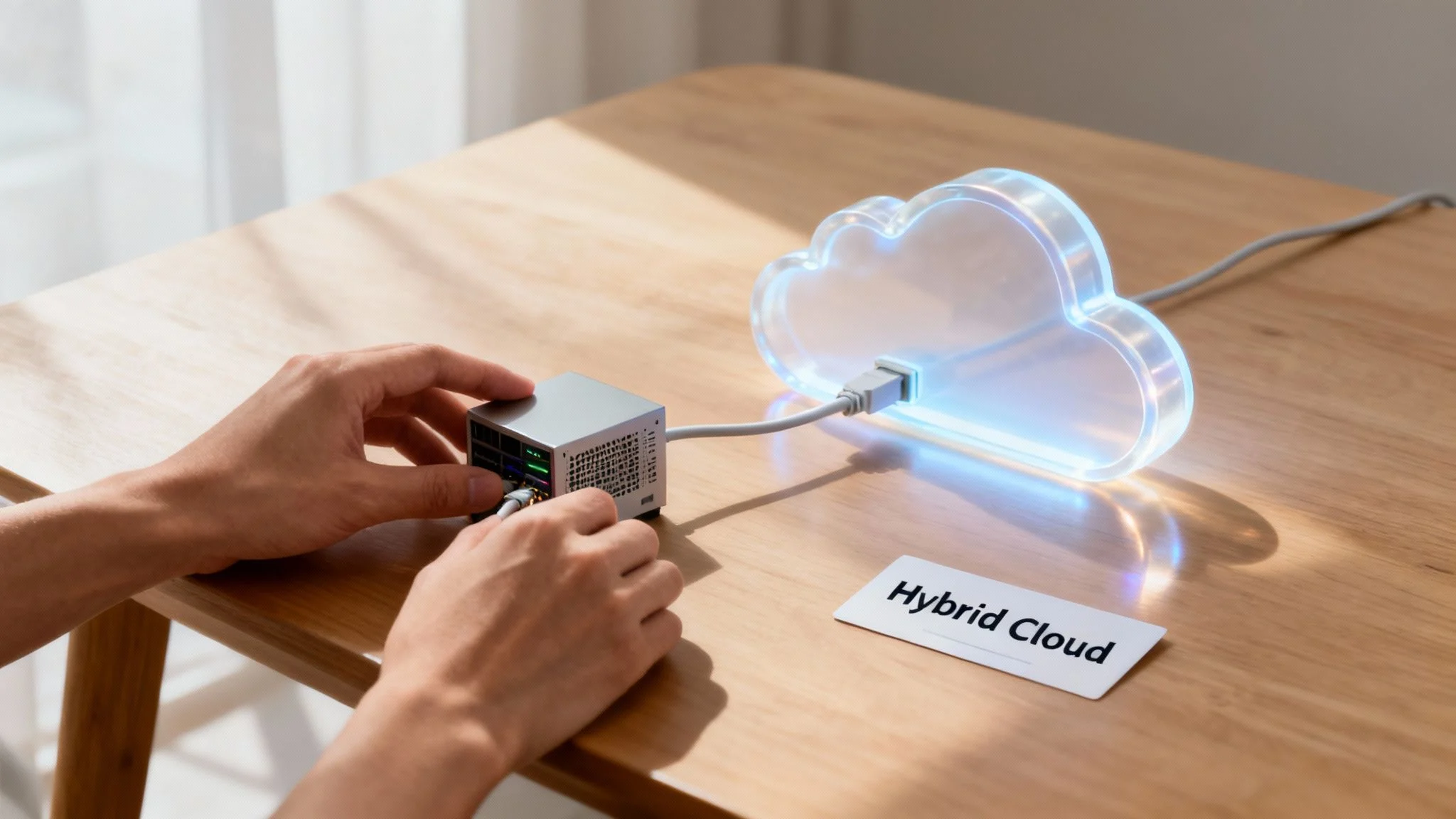 Person connecting a small device to a glowing cloud, with a 'Hybrid Cloud' card on the table.
