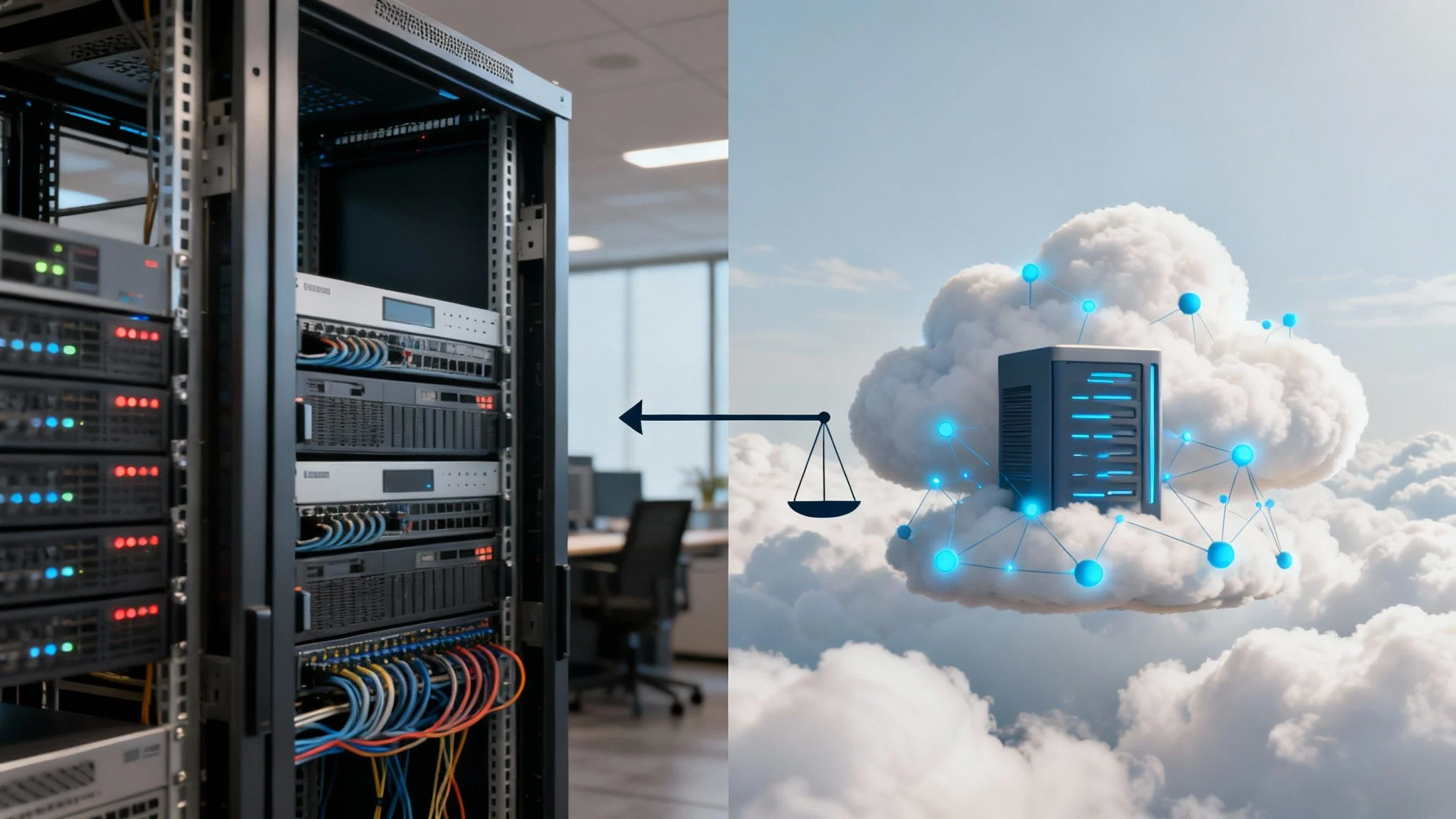 A split image showing physical computer servers on the left in an office, and a digital server in a cloud on the right, connected by a balance scale and network nodes, illustrating comparison between local and cloud computing.