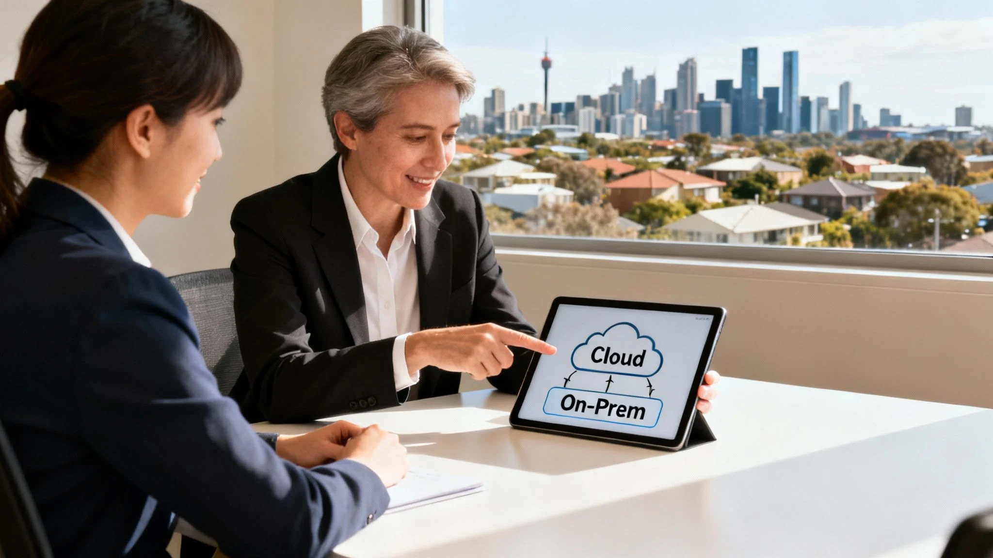 Two businesswomen discuss cloud computing and on-premise IT solutions on a tablet with a city view.