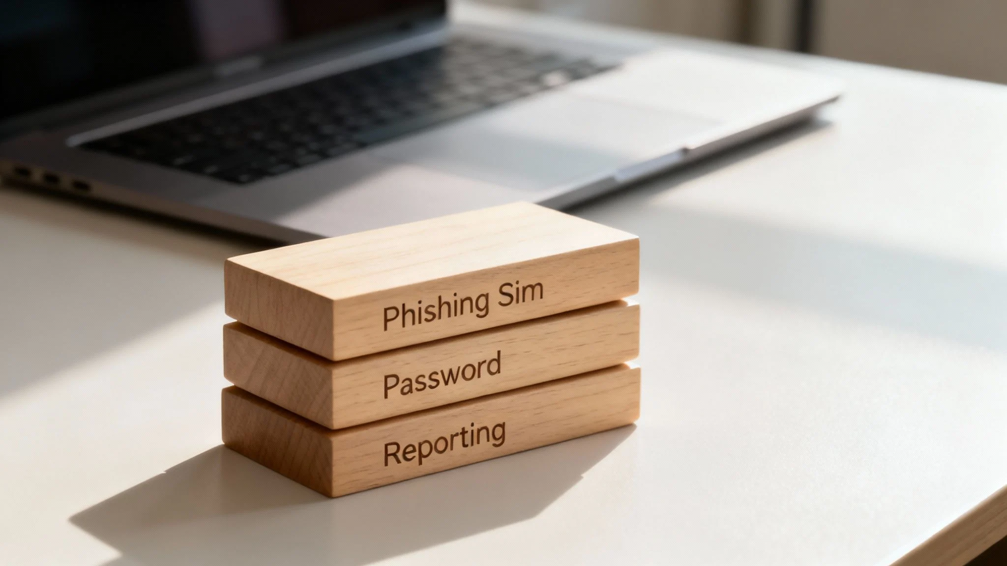 Three wooden blocks labelled Phishing Sim, Password, and Reporting are stacked on a desk in front of a laptop computer in bright natural light.