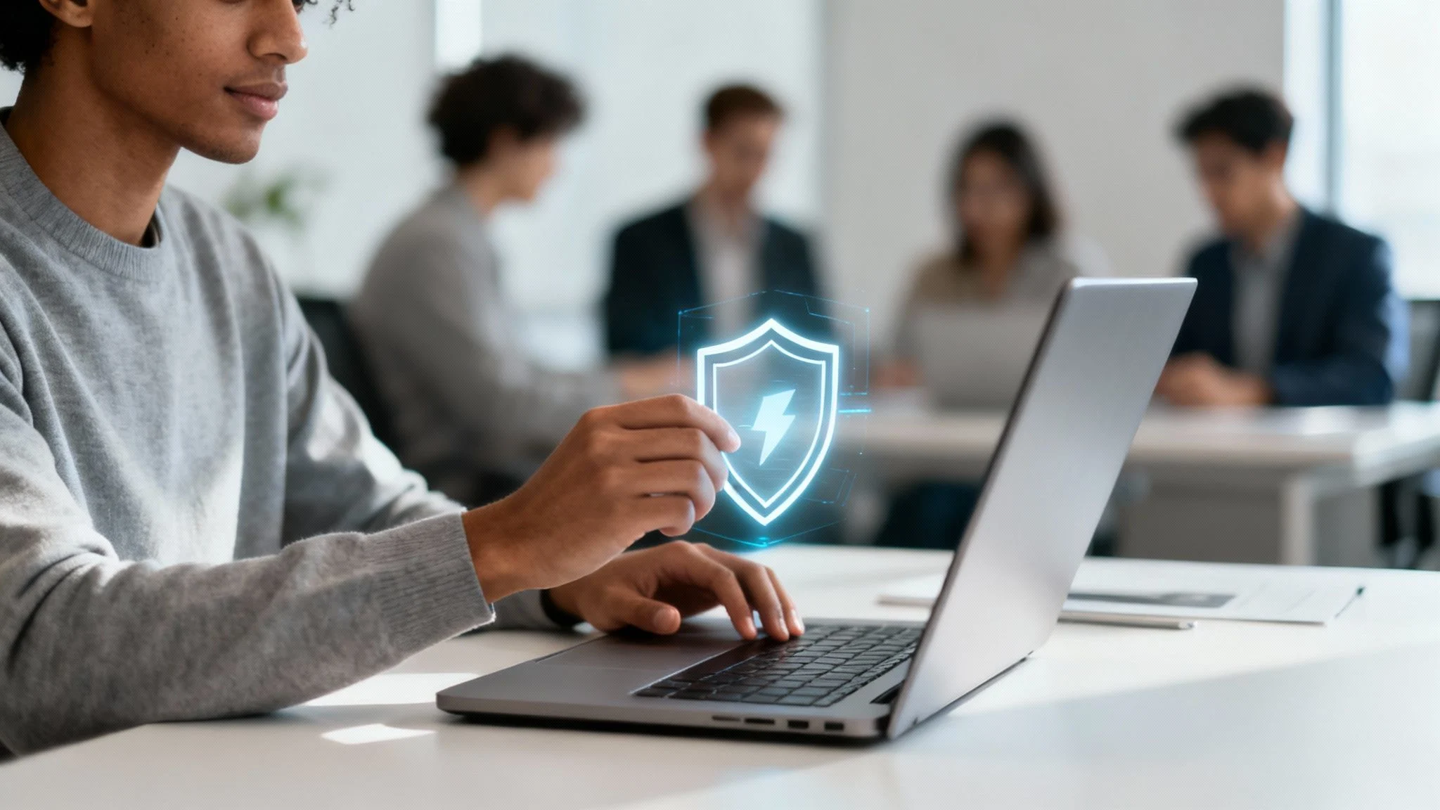 A person sits at a desk using a laptop, holding a digital shield icon with a lightning bolt, symbolising cybersecurity. In the background, a group of people are blurred in discussion.