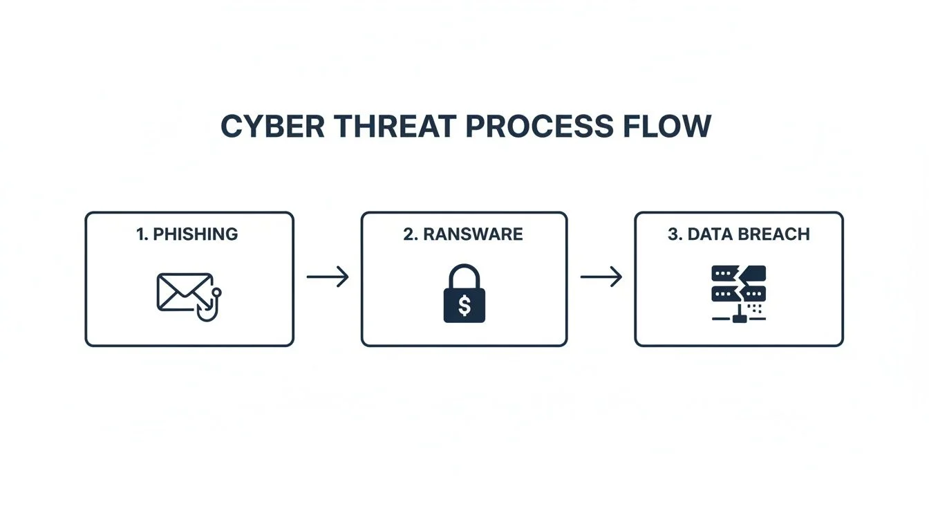 Flowchart illustrating the cyber threat process flow, detailing steps like phishing, ransomware, and data breach.