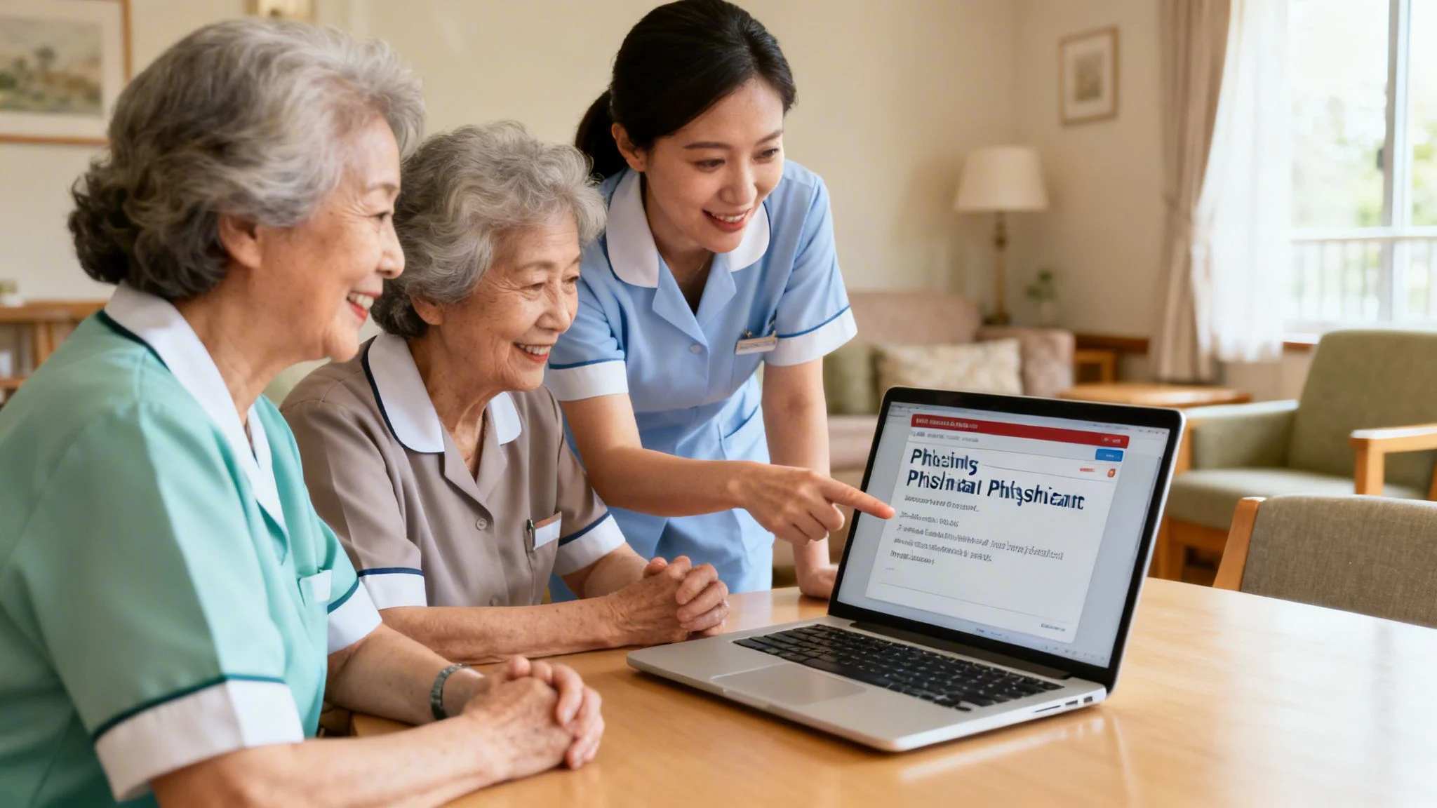 A caregiver teaches two smiling senior Asian women about cybersecurity and phishing on a laptop.