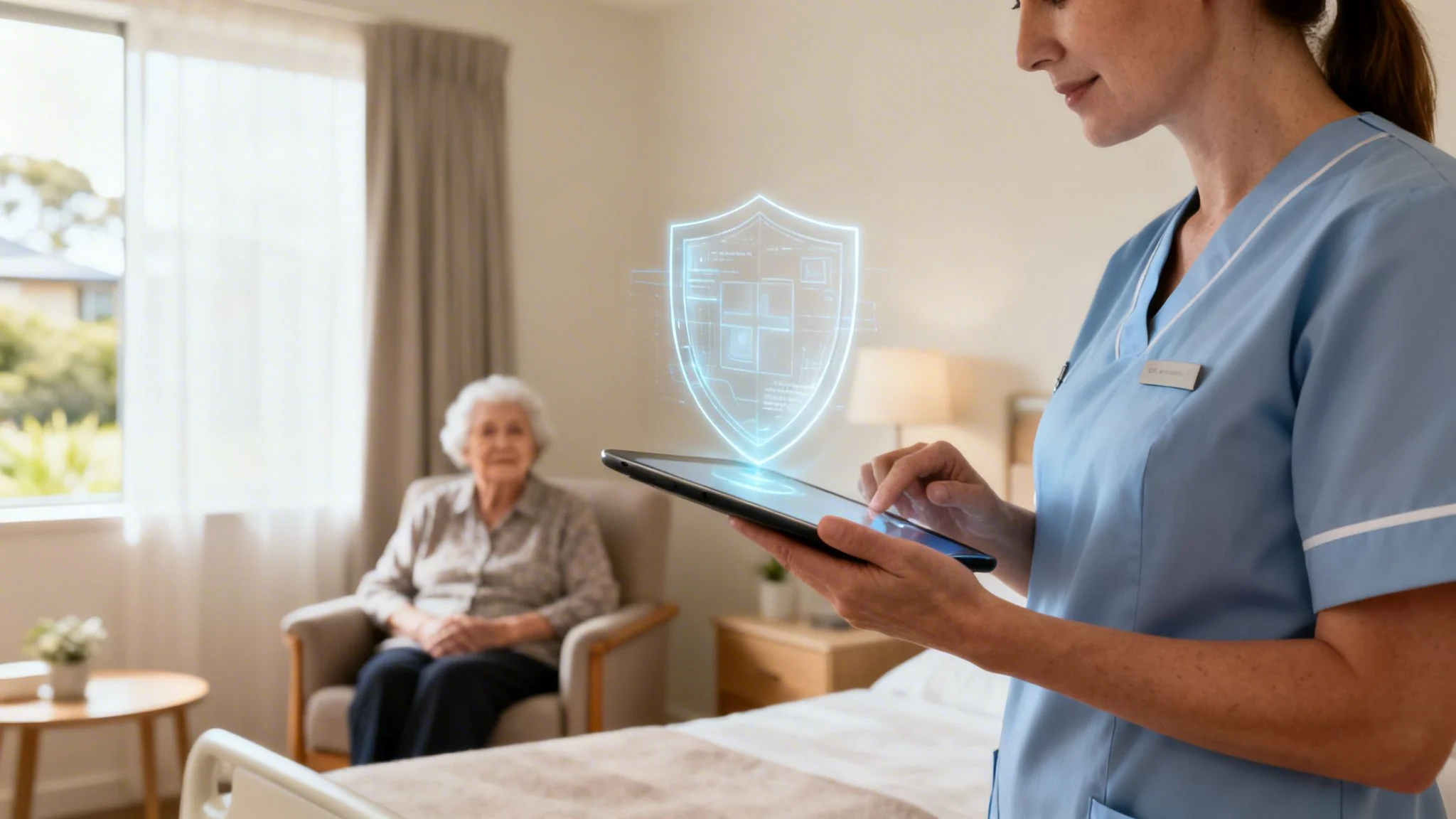 A nurse uses a tablet with a digital security shield, caring for an elderly patient.