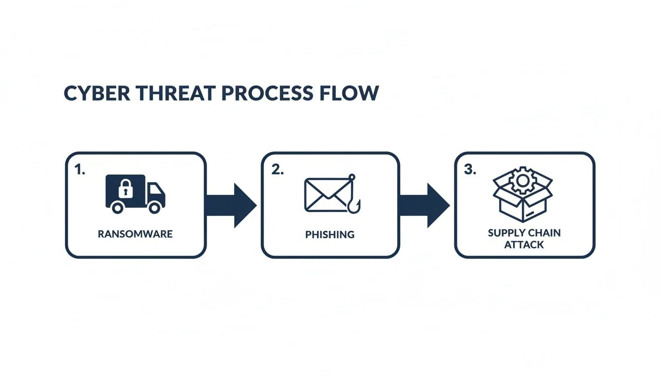 A diagram illustrating the cyber threat process flow, showing ransomware, phishing, and supply chain attacks.