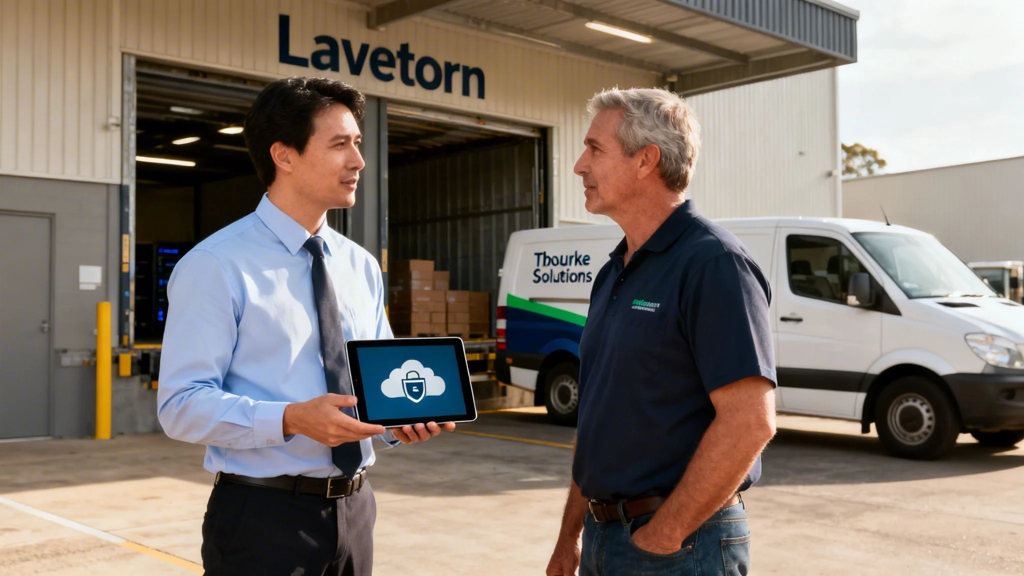 Two men discuss digital security solutions on a tablet outside a Lavetorn freight warehouse.