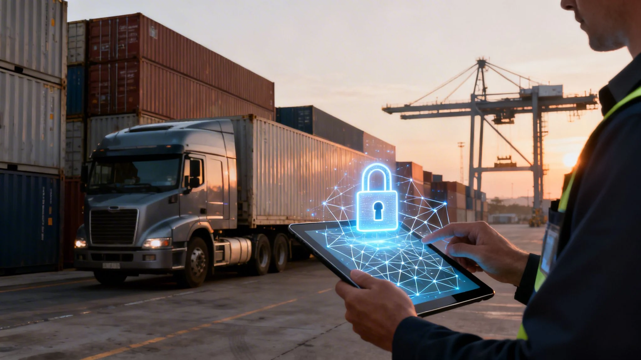 A person holds a tablet displaying a digital padlock hologram, symbolising cybersecurity, in front of freight containers, a lorry, and a port crane at sunset.