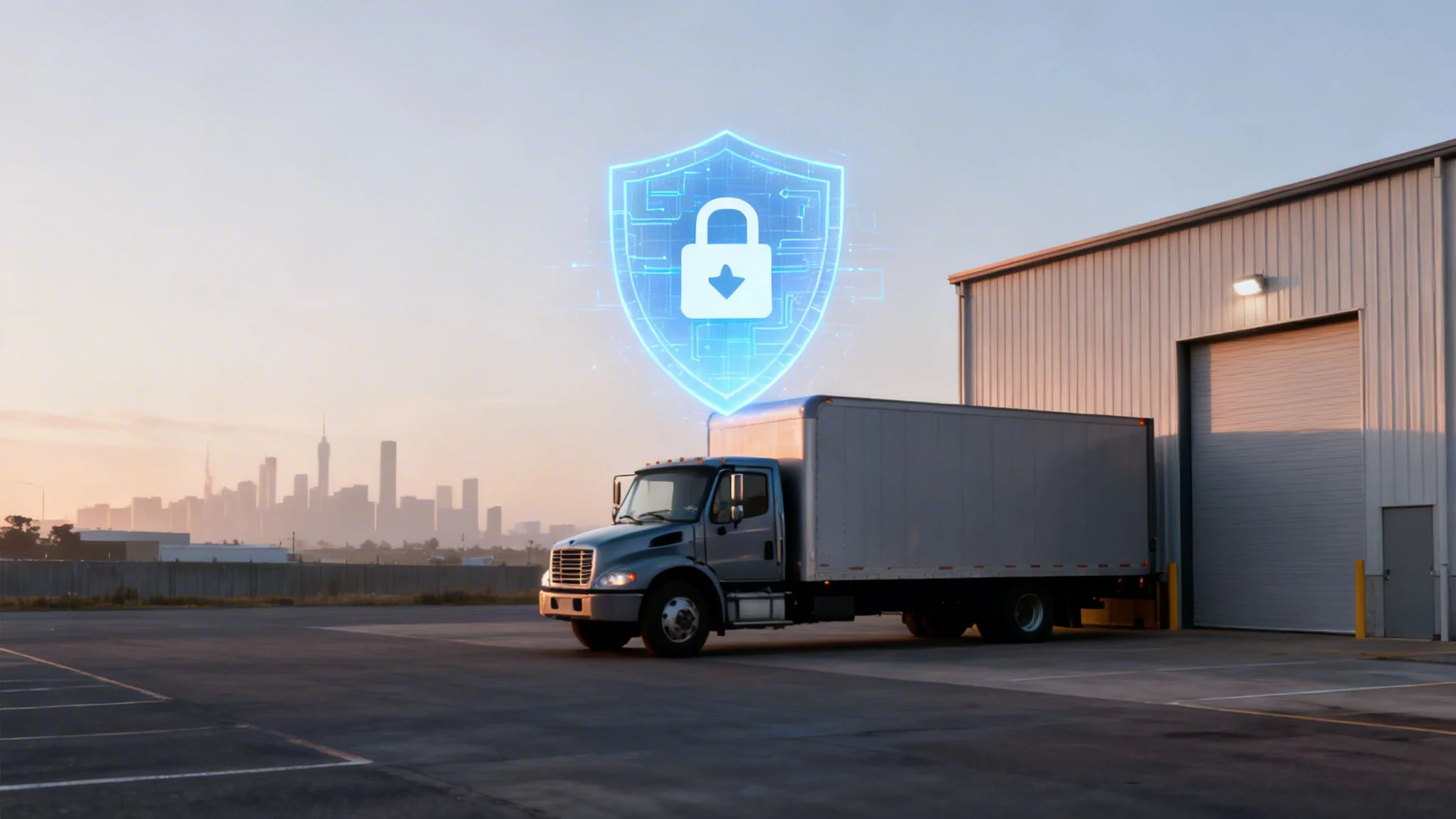 A delivery truck with a glowing blue cybersecurity shield icon above it, parked at a warehouse with a city skyline in the background.