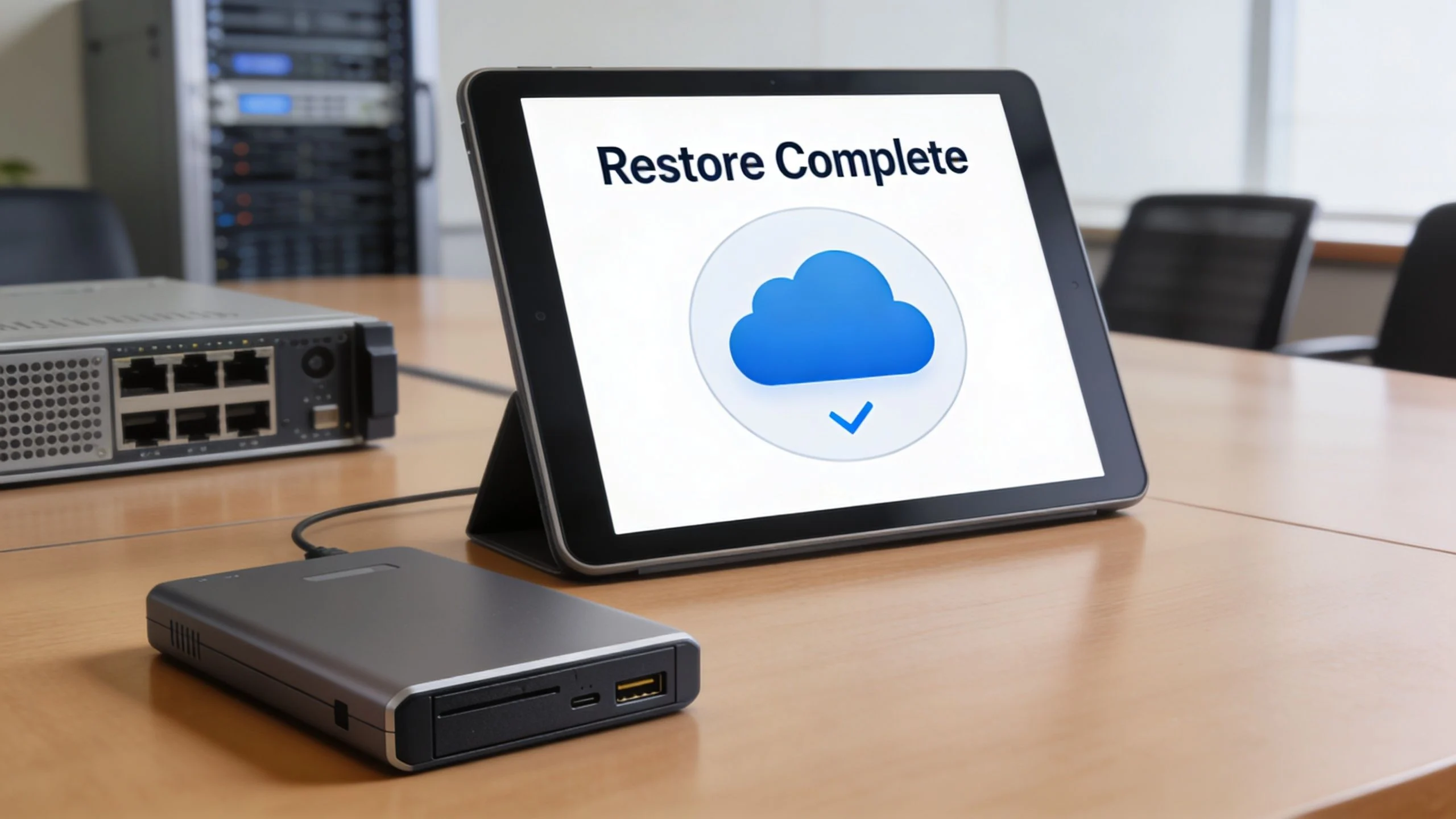 A tablet on a wooden desk displaying a Restore Complete message with a cloud icon after data recovery.