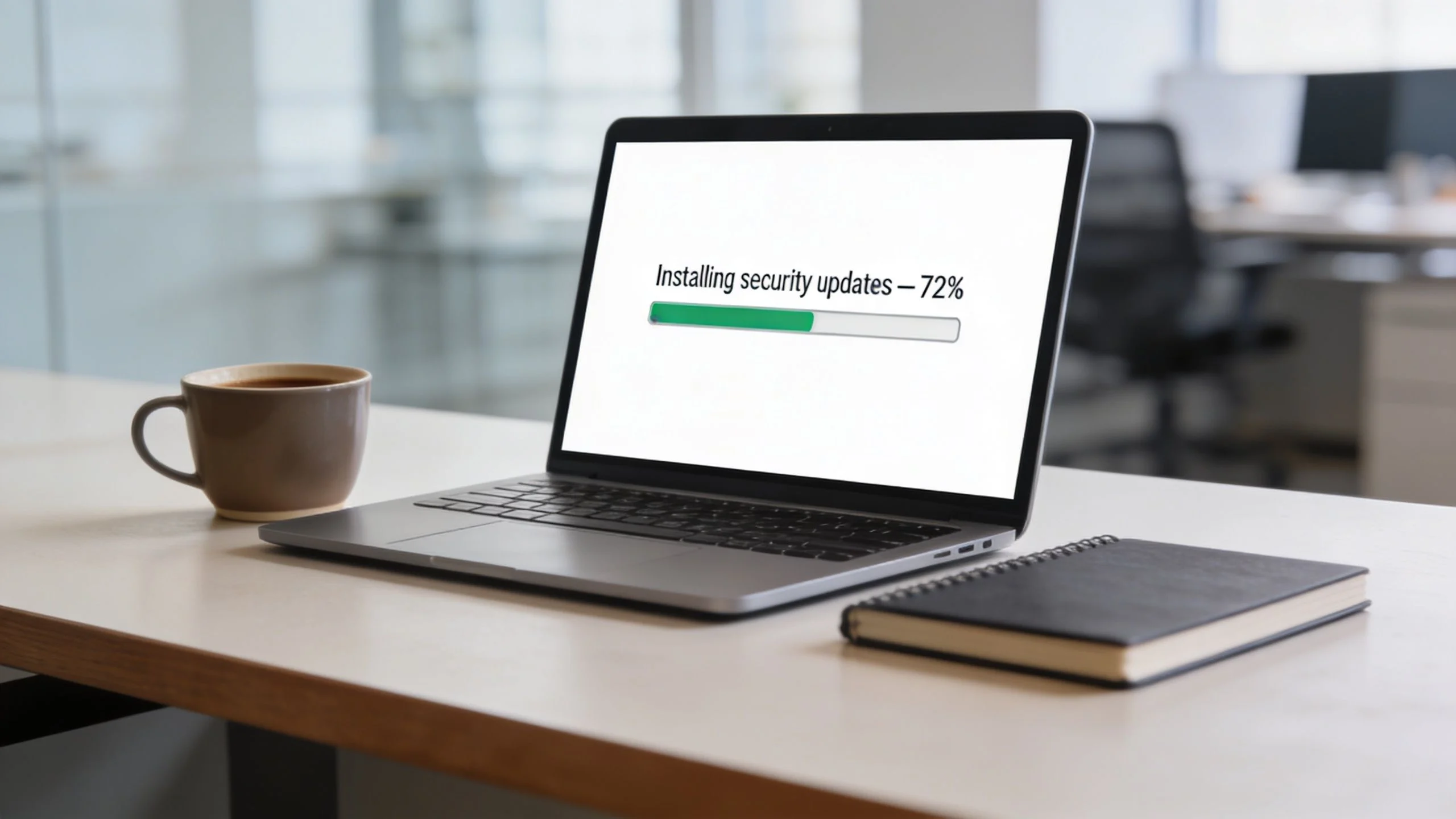 A laptop on an office desk displaying an installing security updates progress bar at 72 percent completion.