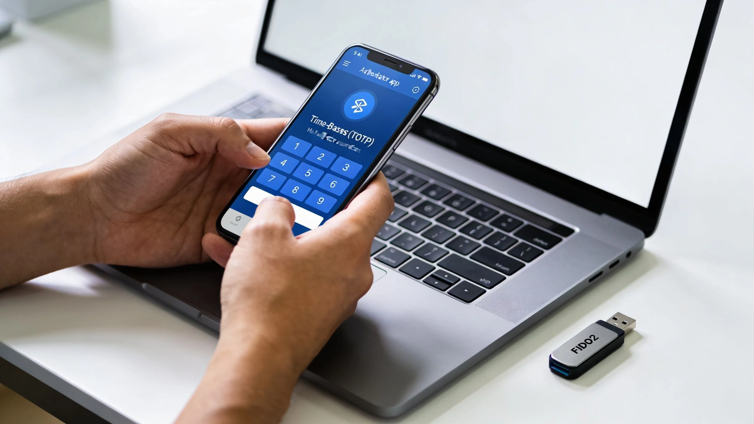 A person using an authenticator app on a smartphone with a laptop and FIDO2 security key nearby.