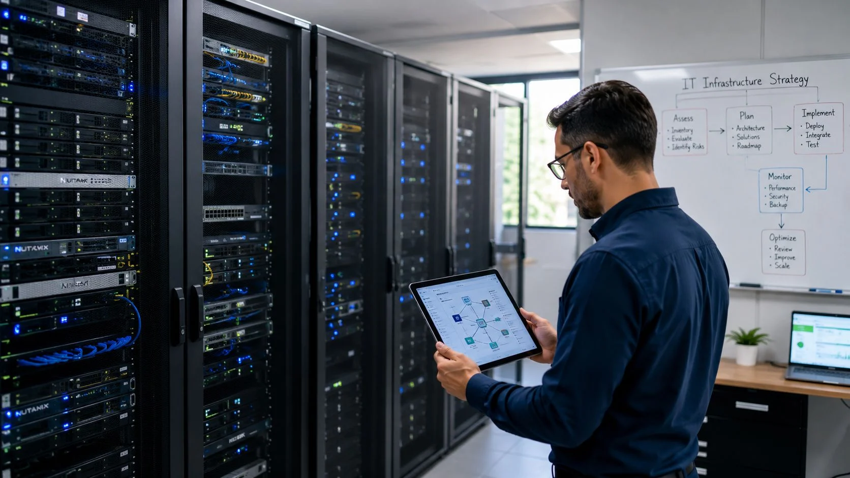 A professional IT engineer reviews server infrastructure status using a digital tablet in a modern data center.