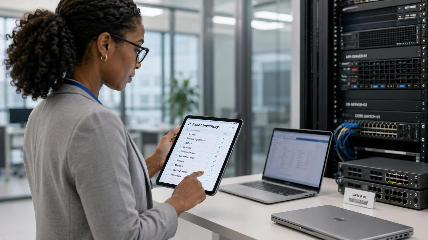 A professional woman checking IT asset inventory on a tablet in a modern server room.