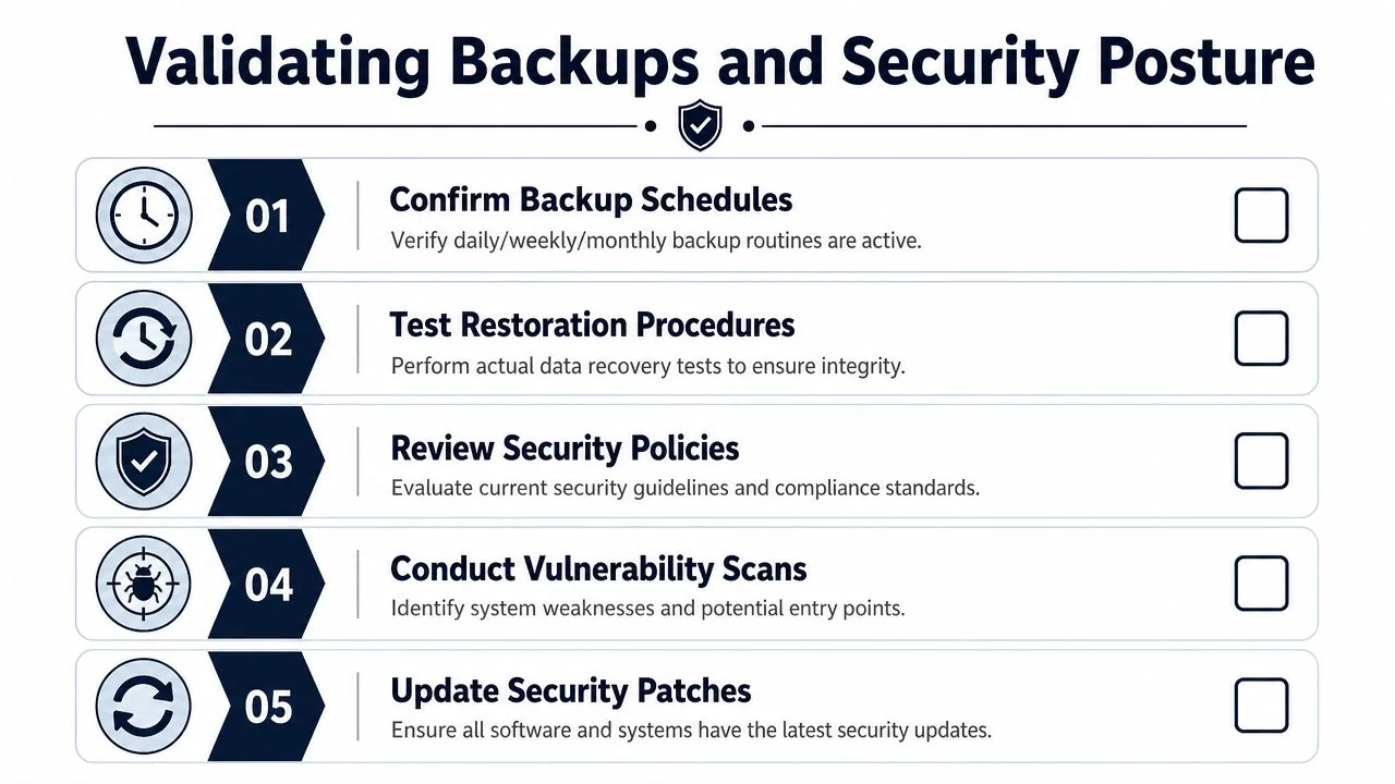 A checklist infographic titled Validating Backups and Security Posture showing five essential IT security maintenance tasks.
