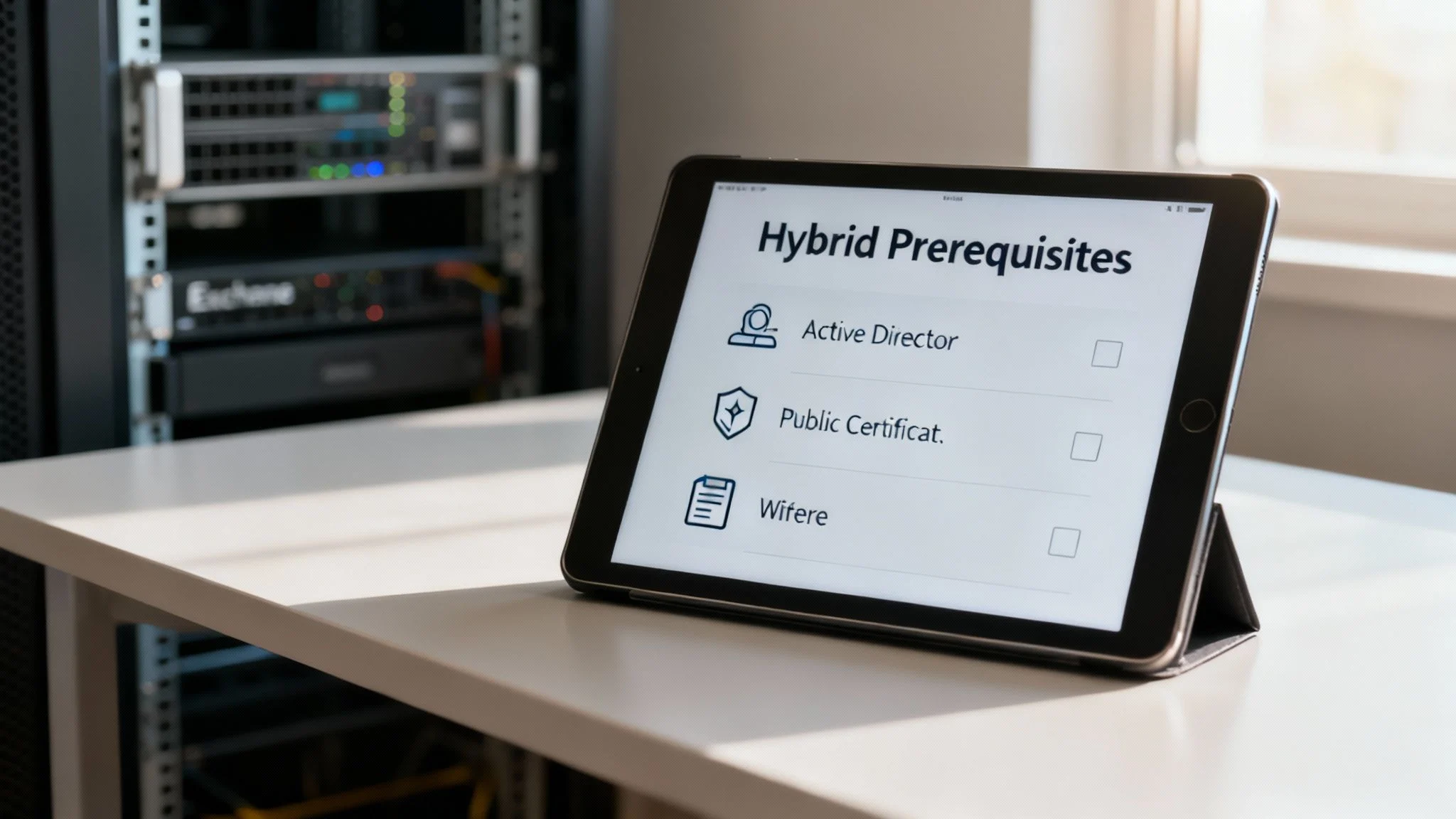 A tablet on a desk displays a checklist titled Hybrid Prerequisites with items: Active Directory, Public Certificate, and Wi-Fi. Server equipment is visible in the background.