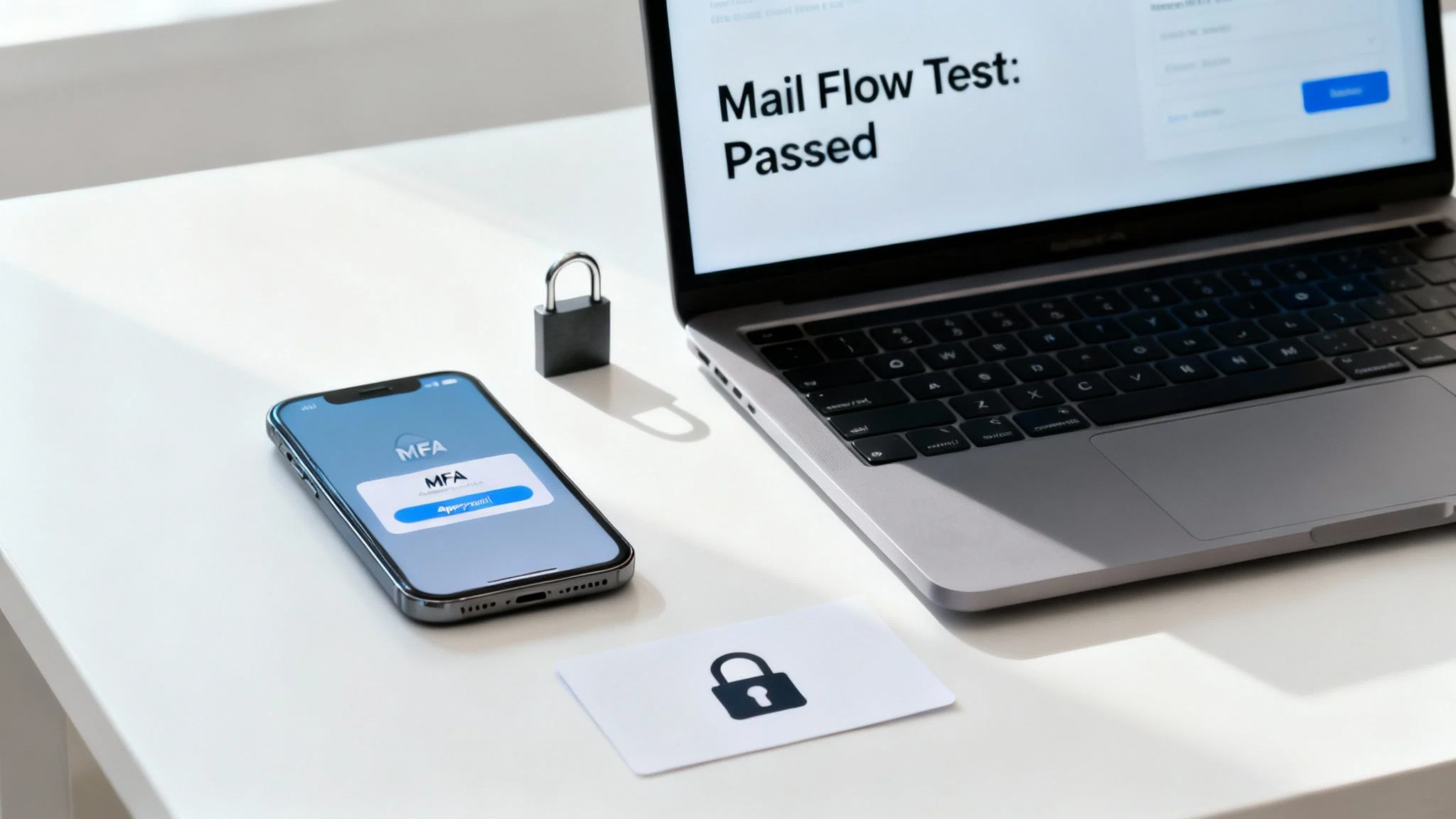 Smartphone displaying an MFA approval screen, a laptop showing Mail Flow Test: Passed, a small padlock, and a card with a lock icon on a white desk, representing cyber security and secure authentication.
