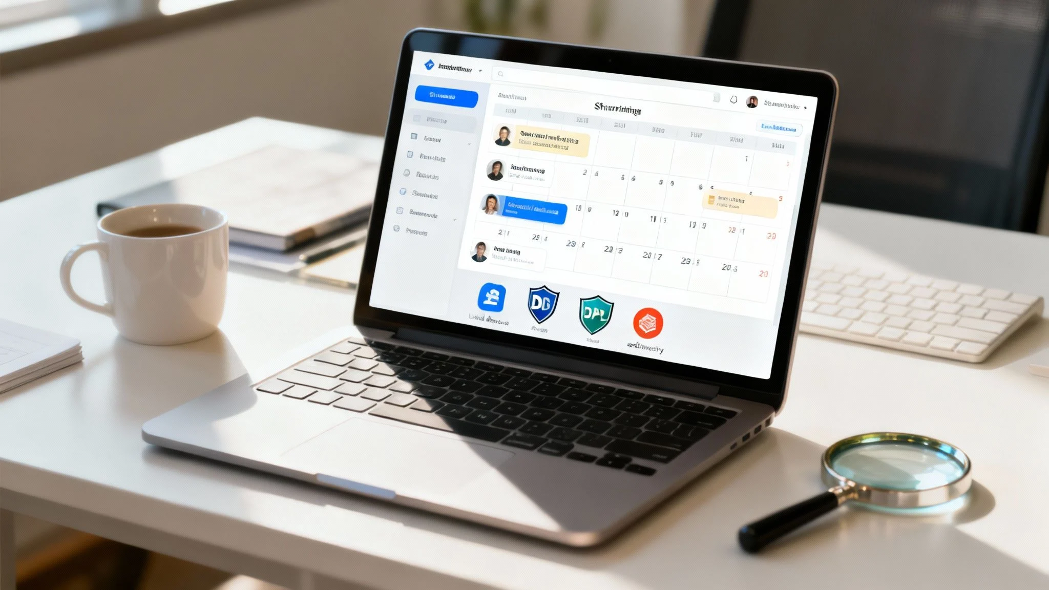 A laptop on a white desk displays a calendar and team management software. Nearby are a coffee cup, mobile phone, magnifying glass, and notepad. Sunlight streams through a window in the background.