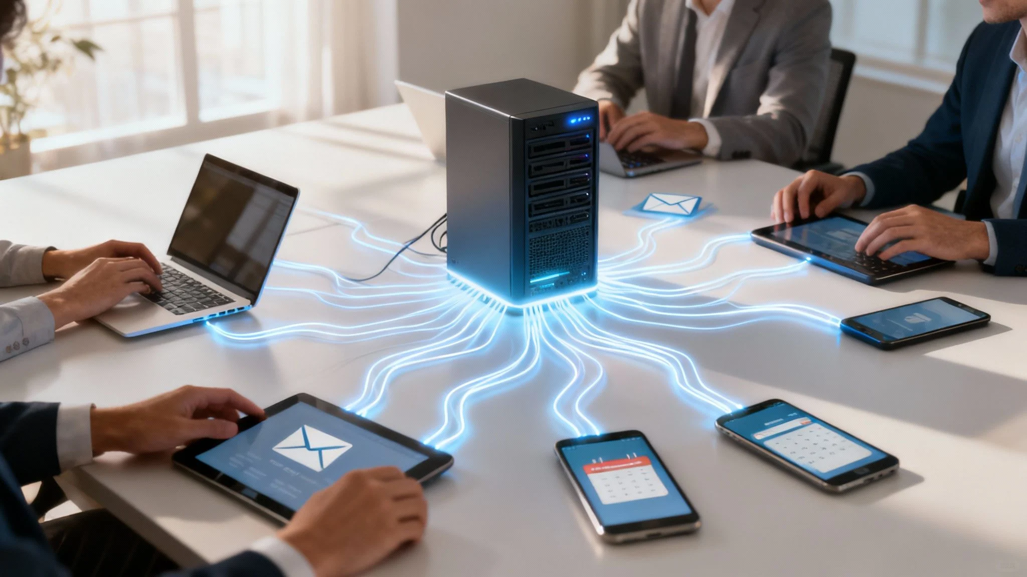 Four people sit at a table using laptops and tablets, all connected by glowing lines to a central server, symbolising data sharing and network communication in a modern office setting.