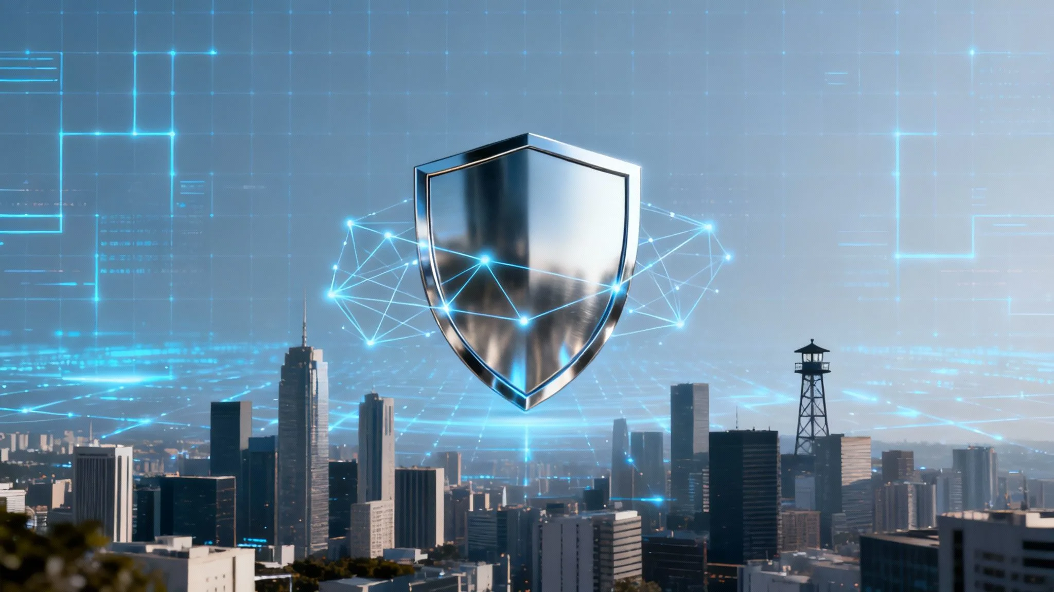 A digital shield with glowing network lines hovers over a city skyline, symbolising cybersecurity and digital protection for urban infrastructure. Blue grid lines and futuristic elements enhance the modern theme.