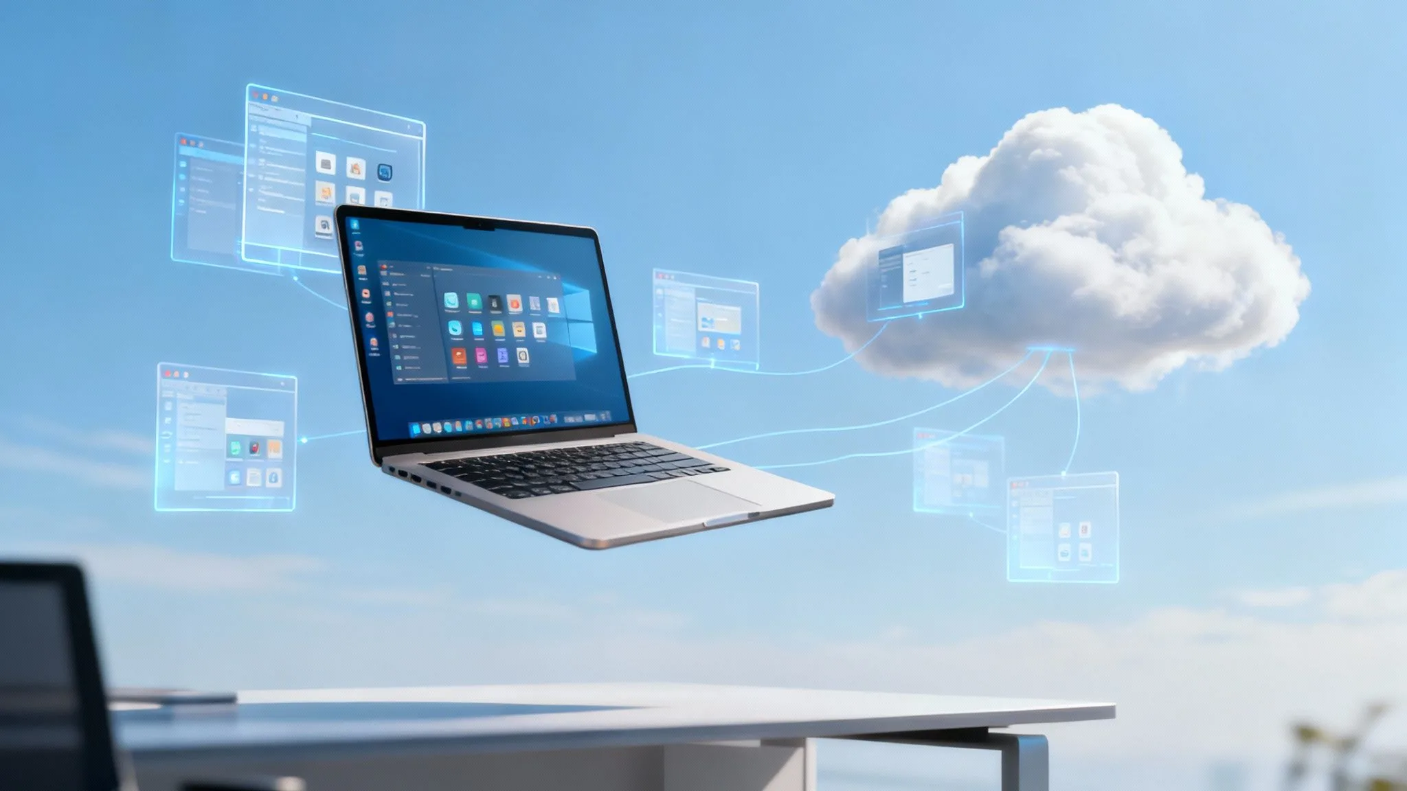 A laptop hovers above a desk outdoors with a bright blue sky background. Digital screens and icons float around it, connecting to a large white cloud, symbolising cloud computing and data synchronisation.