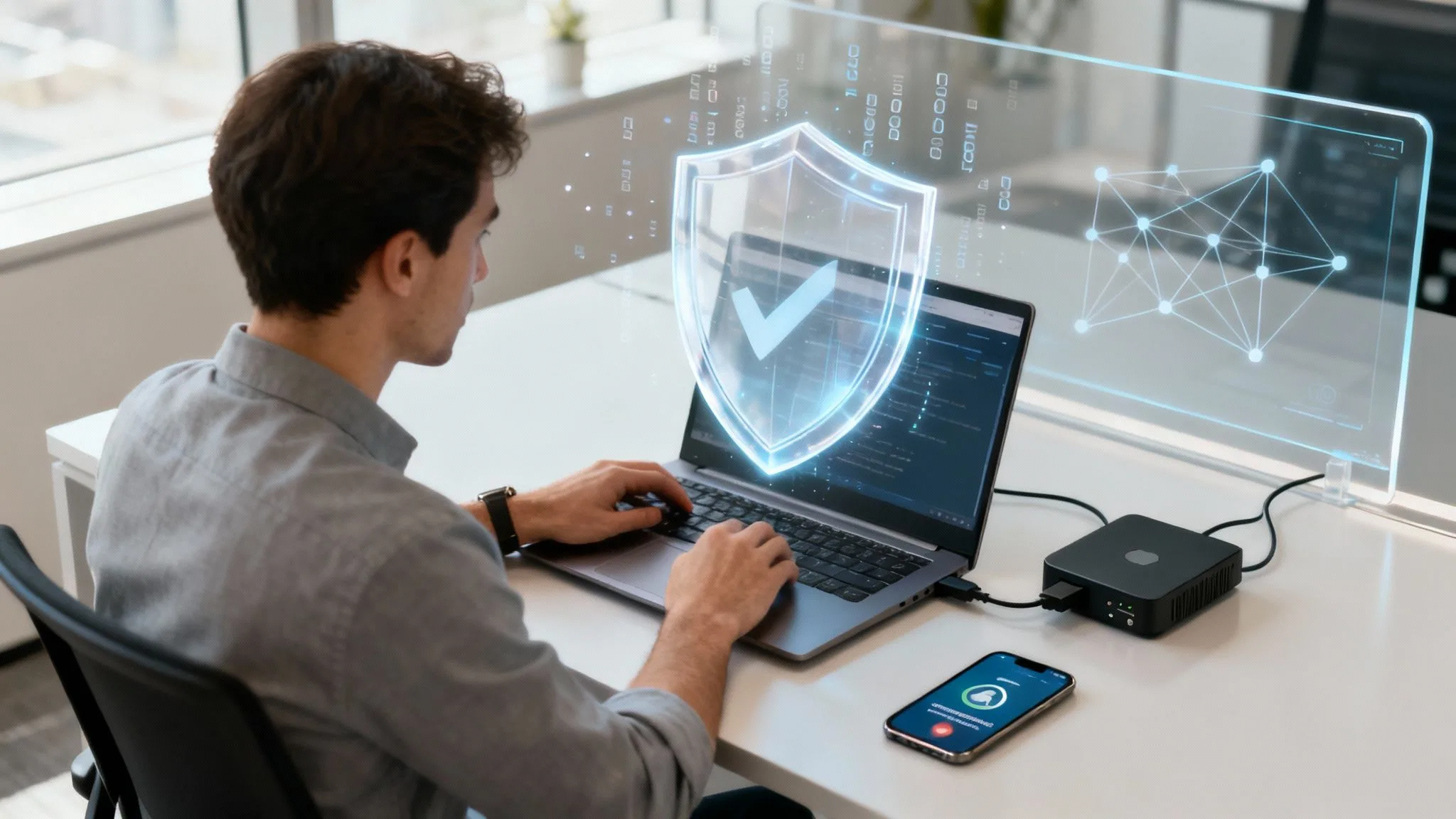 A person types on a laptop at a desk, with a phone displaying a security lock icon nearby. Virtual graphics of a shield with a tick and a neural network appear, symbolising cyber security and data protection.