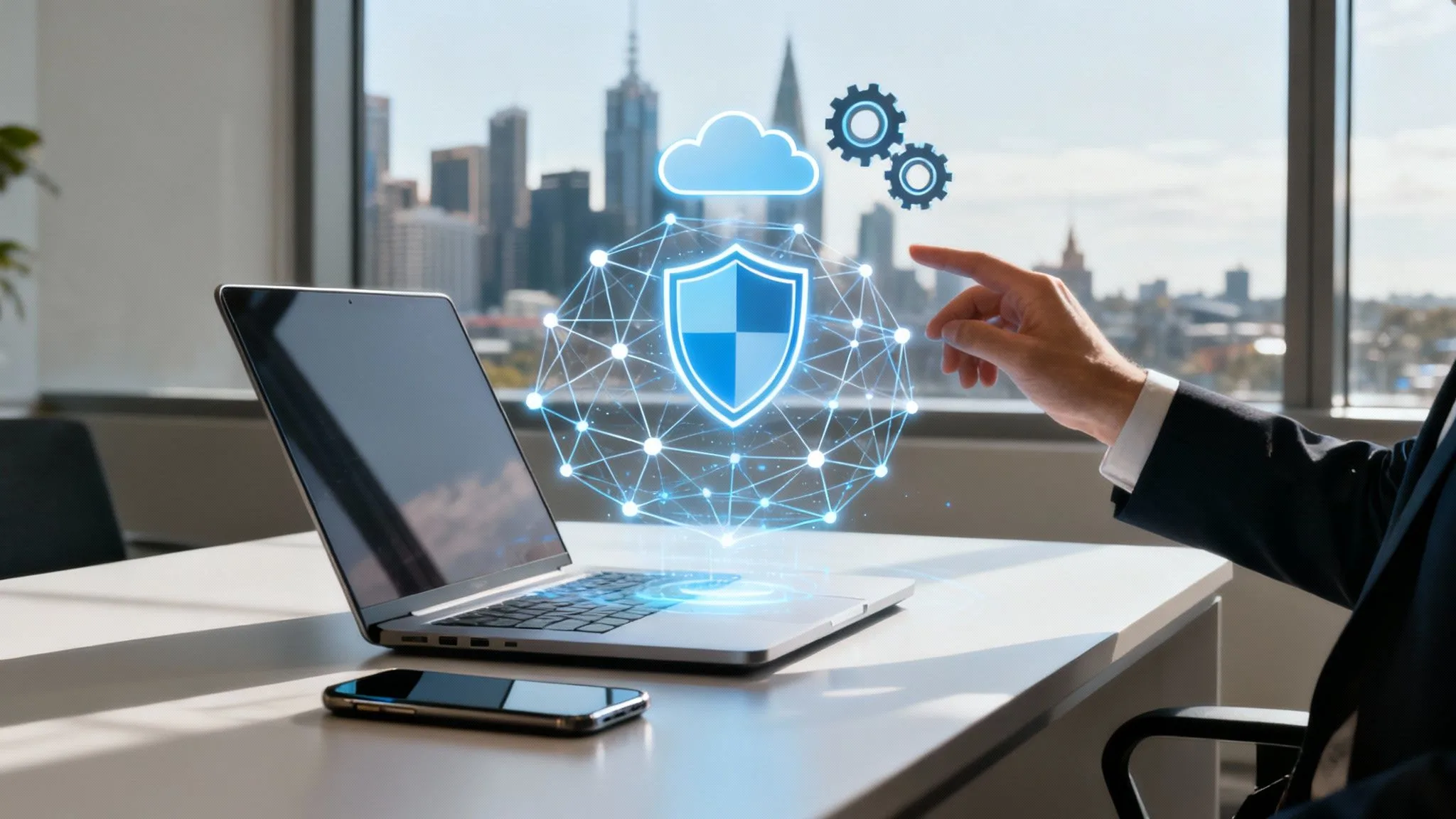 A person points at a laptop on a desk with a mobile beside it. Digital icons of a shield, cloud, and gears appear above the laptop, suggesting cyber security or cloud computing in a modern office with city views.