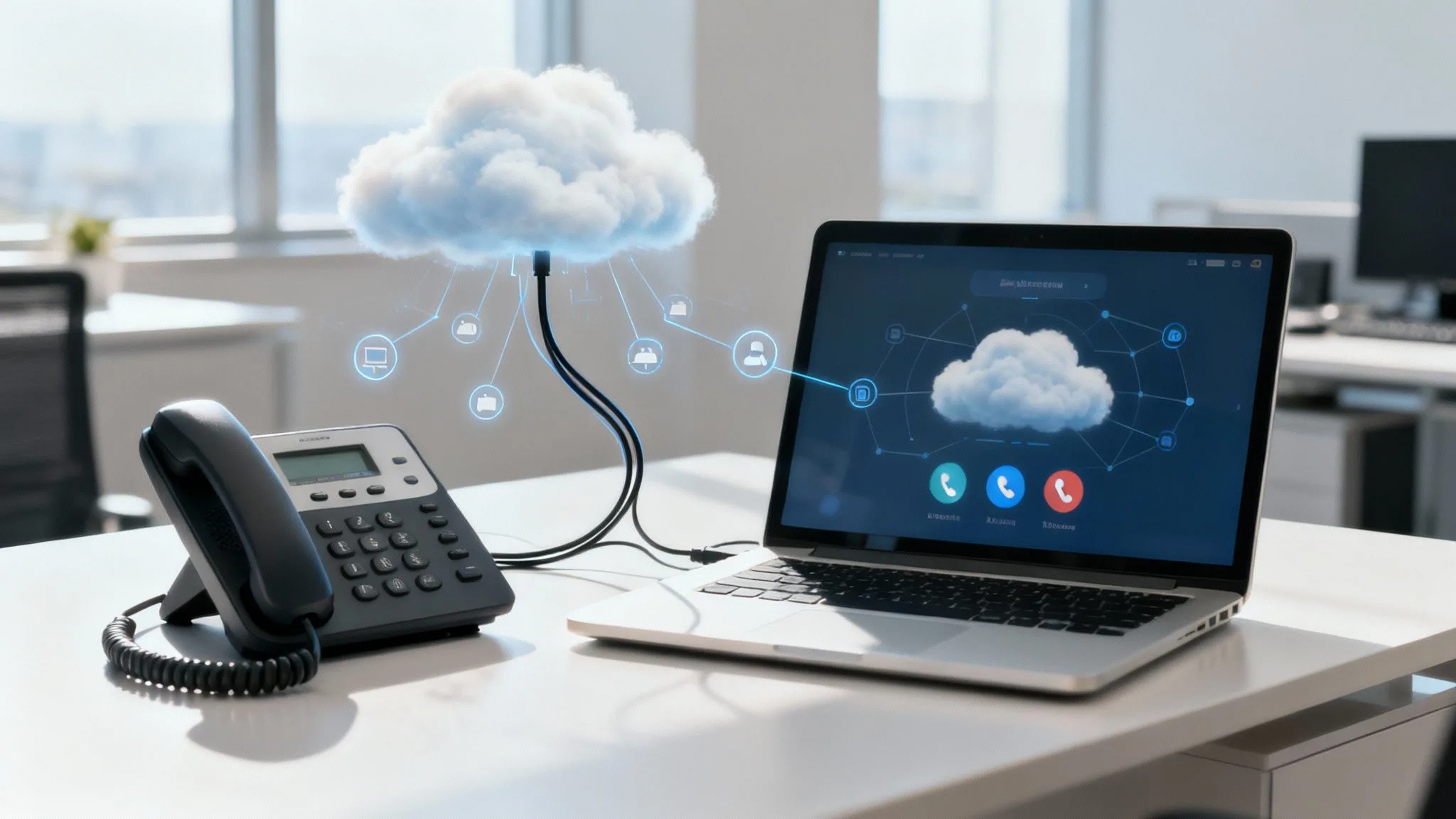 A laptop and office phone on a desk are connected by virtual lines to a digital cloud graphic, symbolising cloud computing and cloud-based communication services in a modern office setting.