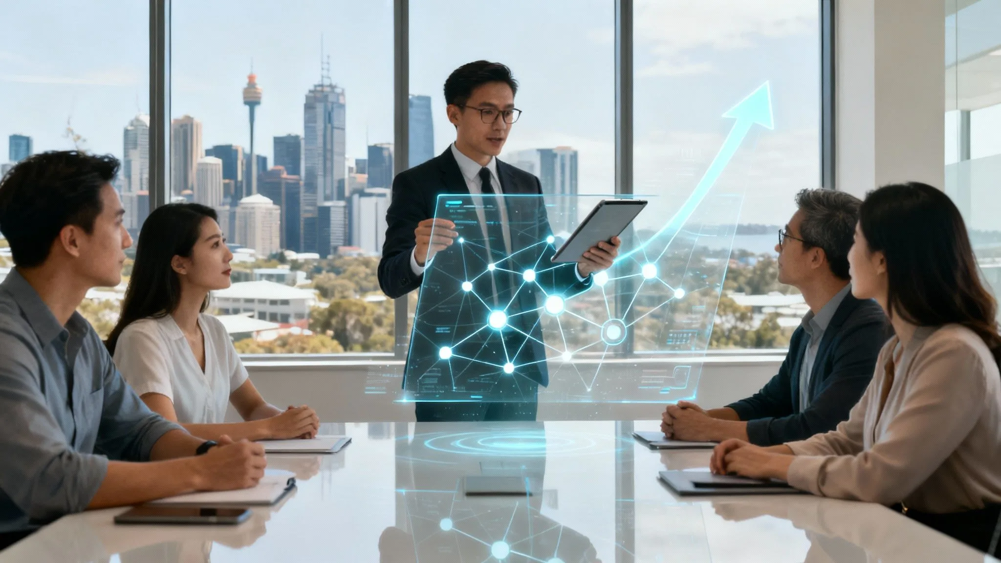 A businessman standing and presenting data on a digital tablet to four colleagues in a modern office, with futuristic digital graphs and a city skyline visible through the large windows.