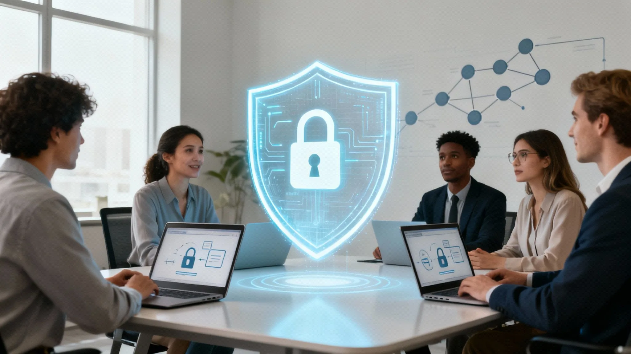 Five people sit around a conference table with laptops, discussing cyber security. A digital shield with a padlock icon is superimposed in the centre, symbolising data protection. A graph is visible on the wall in the background.