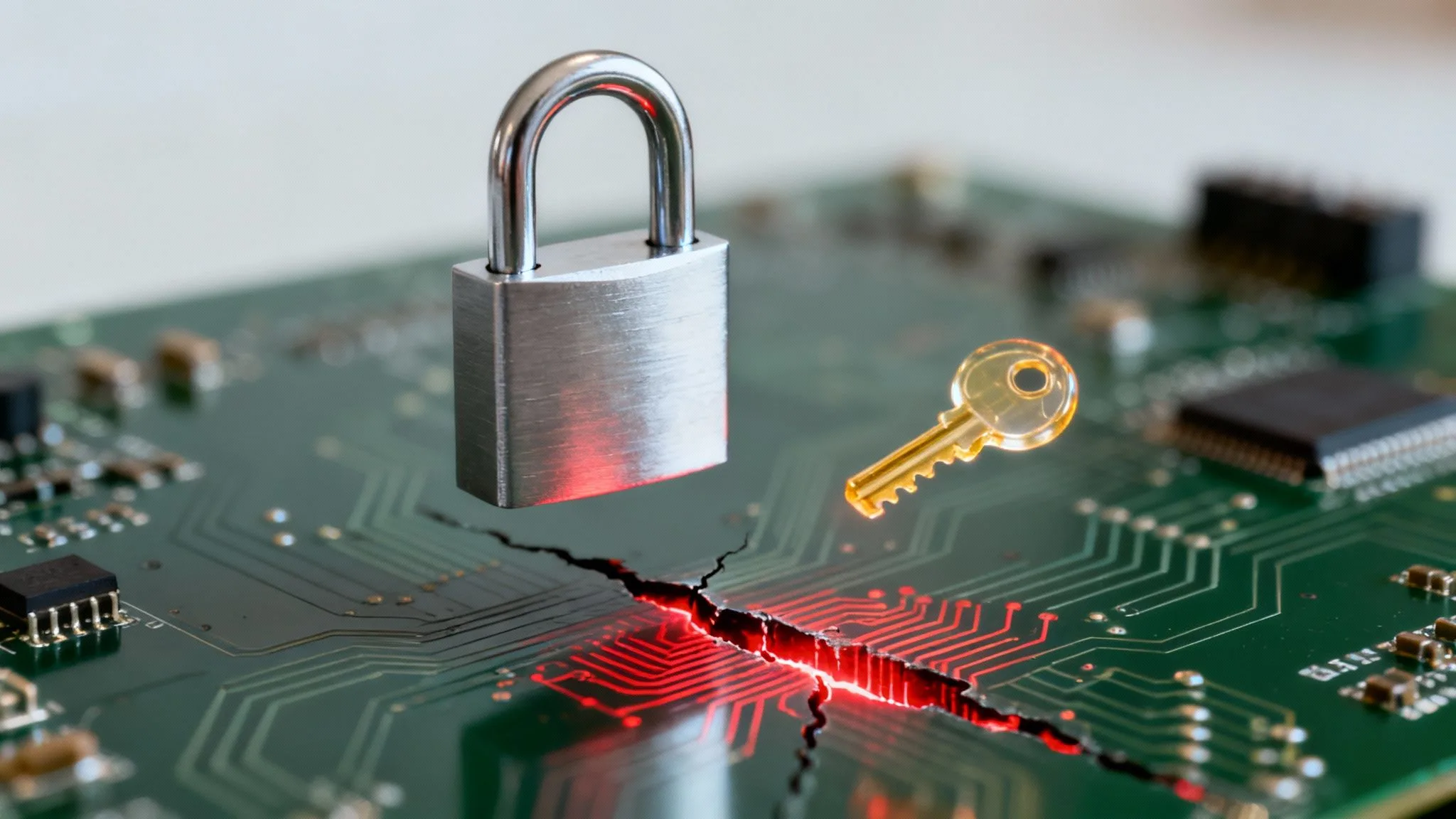 A metal padlock and a gold key hover above a cracked computer circuit board with red light shining through the break, symbolising cybersecurity vulnerabilities and data protection.