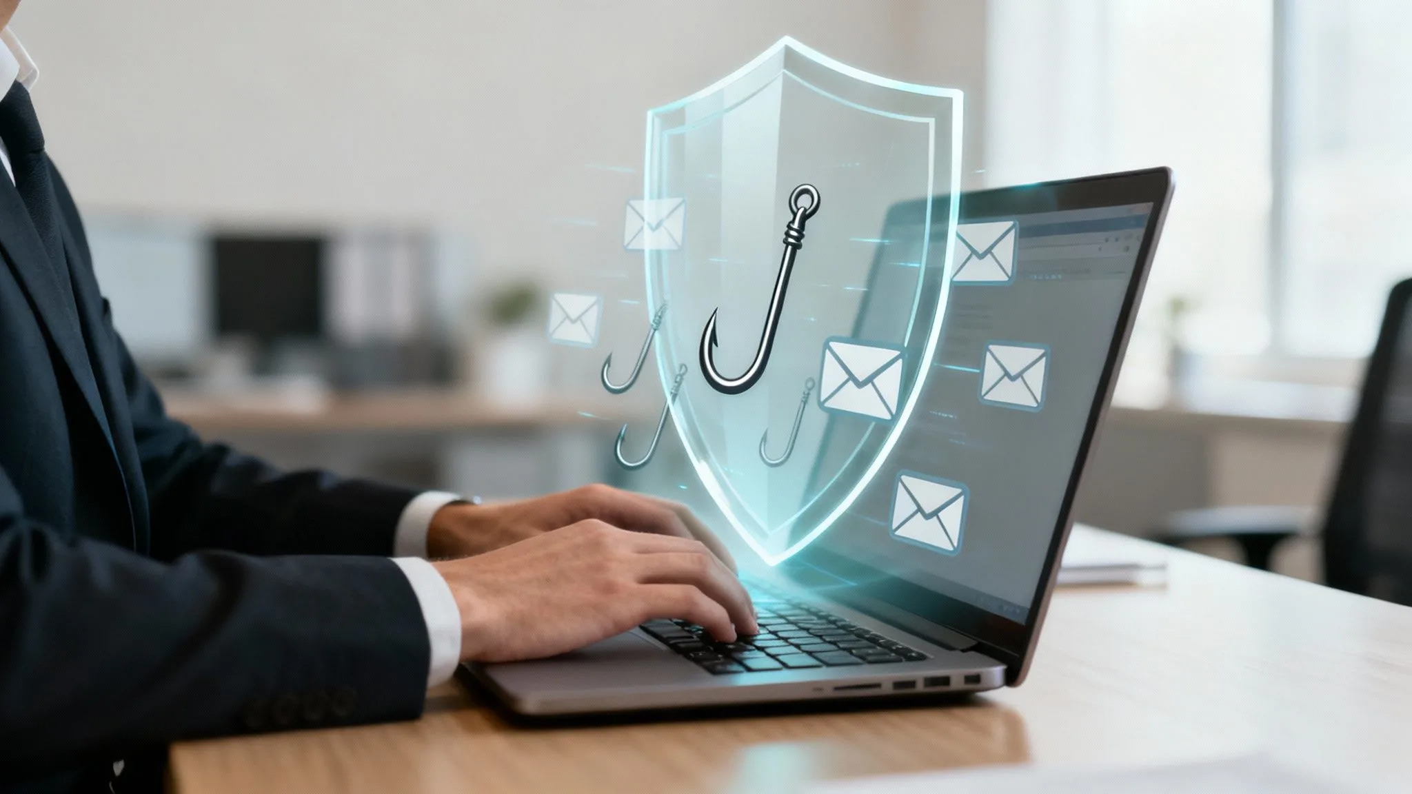 A person types on a laptop with digital icons showing a shield, hooks, and envelopes, symbolising email security and protection against phishing attacks.