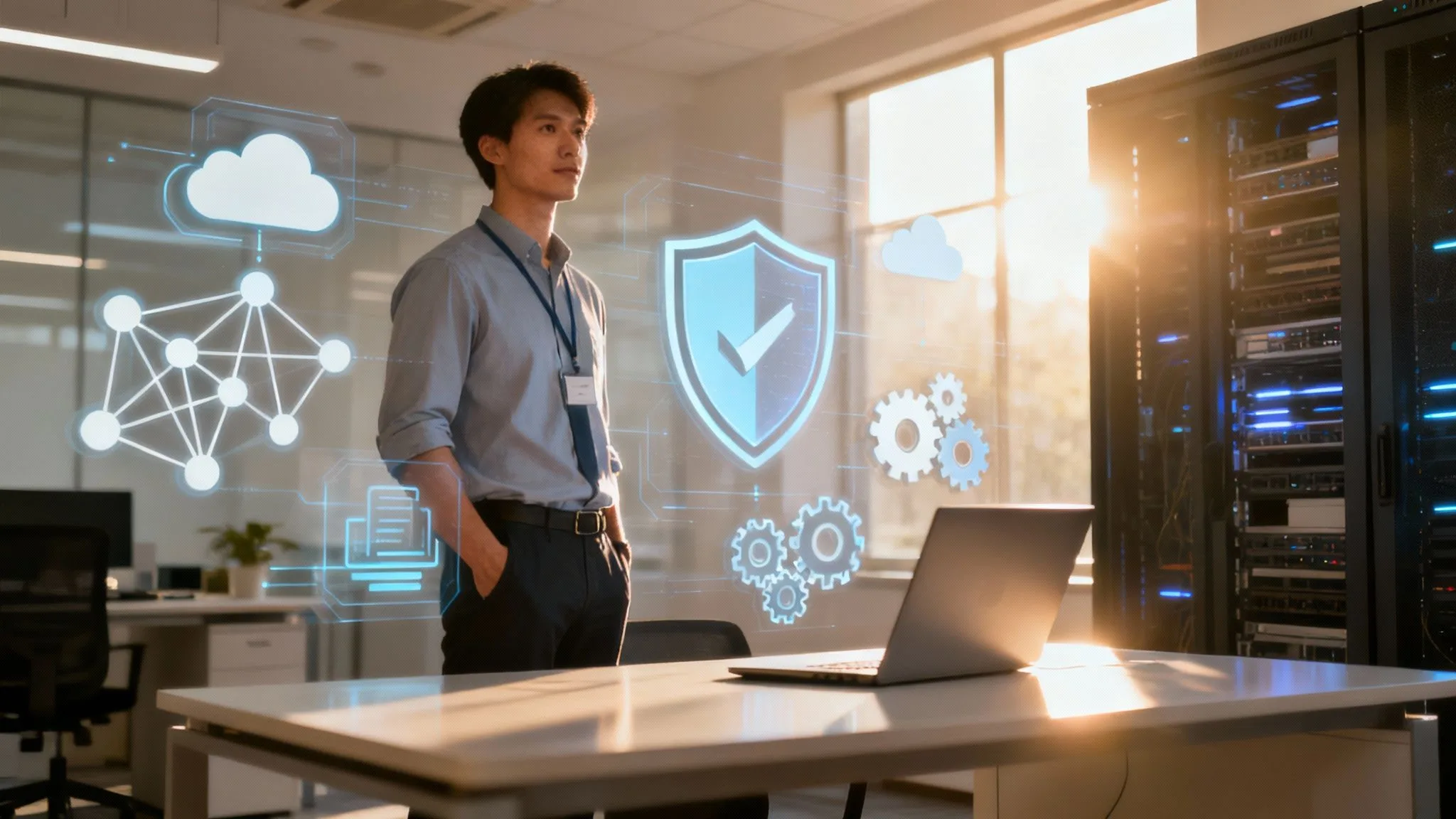 A man stands in an office next to a laptop and server rack, with digital security and cloud network icons overlaid, symbolising cybersecurity and data protection in a modern workspace. Sunlight shines through a window.