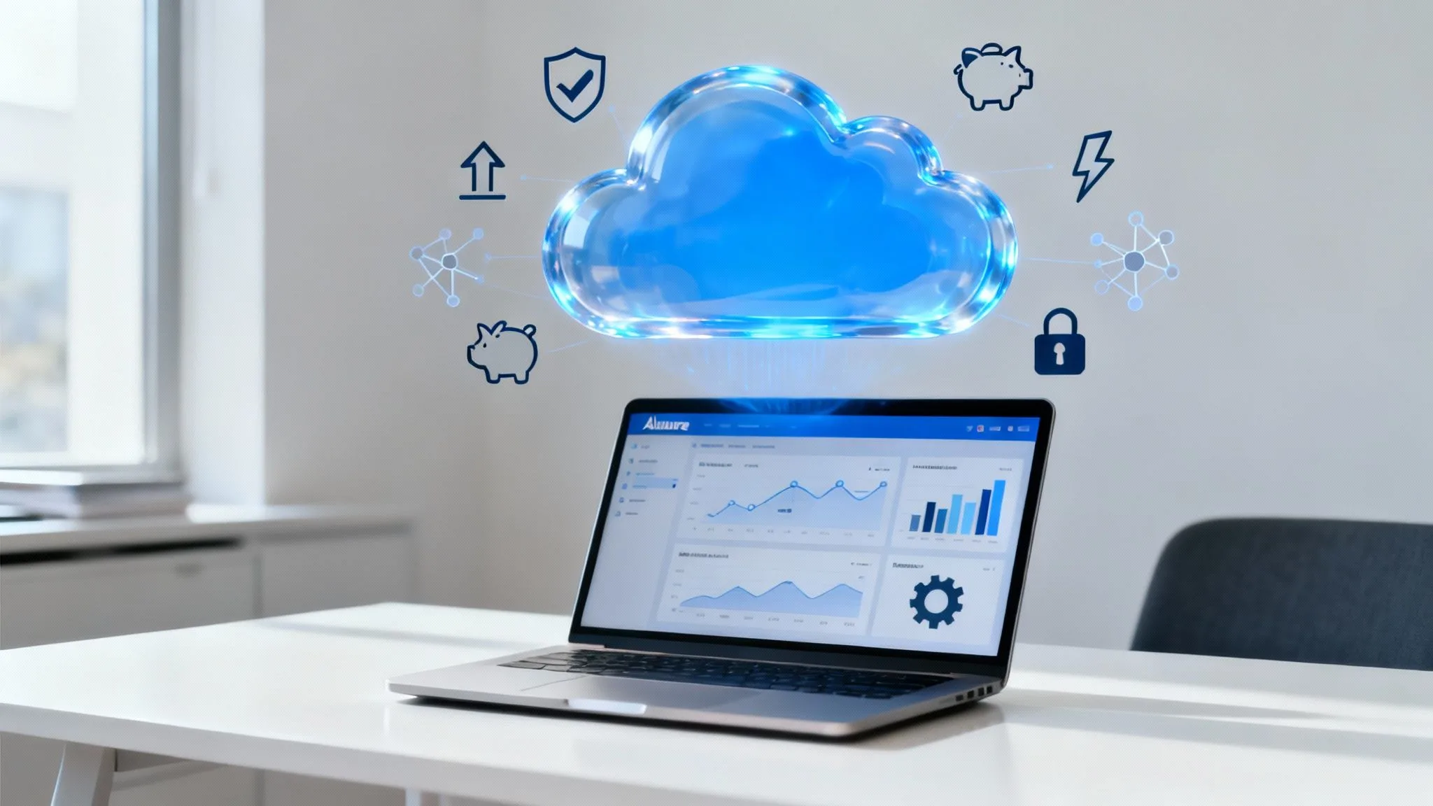 A laptop displaying analytics dashboards sits on a white desk, with a digital blue cloud icon and various technology-related symbols floating above it, representing cloud computing and data analysis.