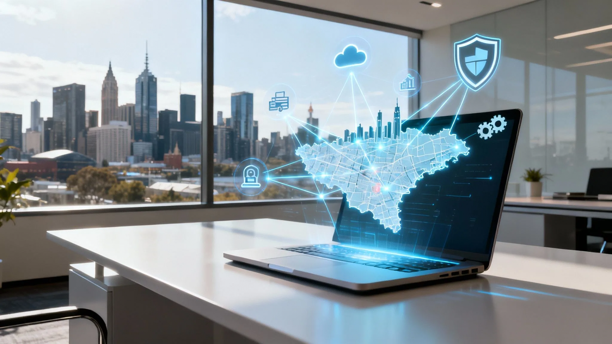 A laptop on a desk displays a glowing digital city map with various icons connected to it, such as a cloud, shield, and gears, in front of a window showing a modern city skyline.