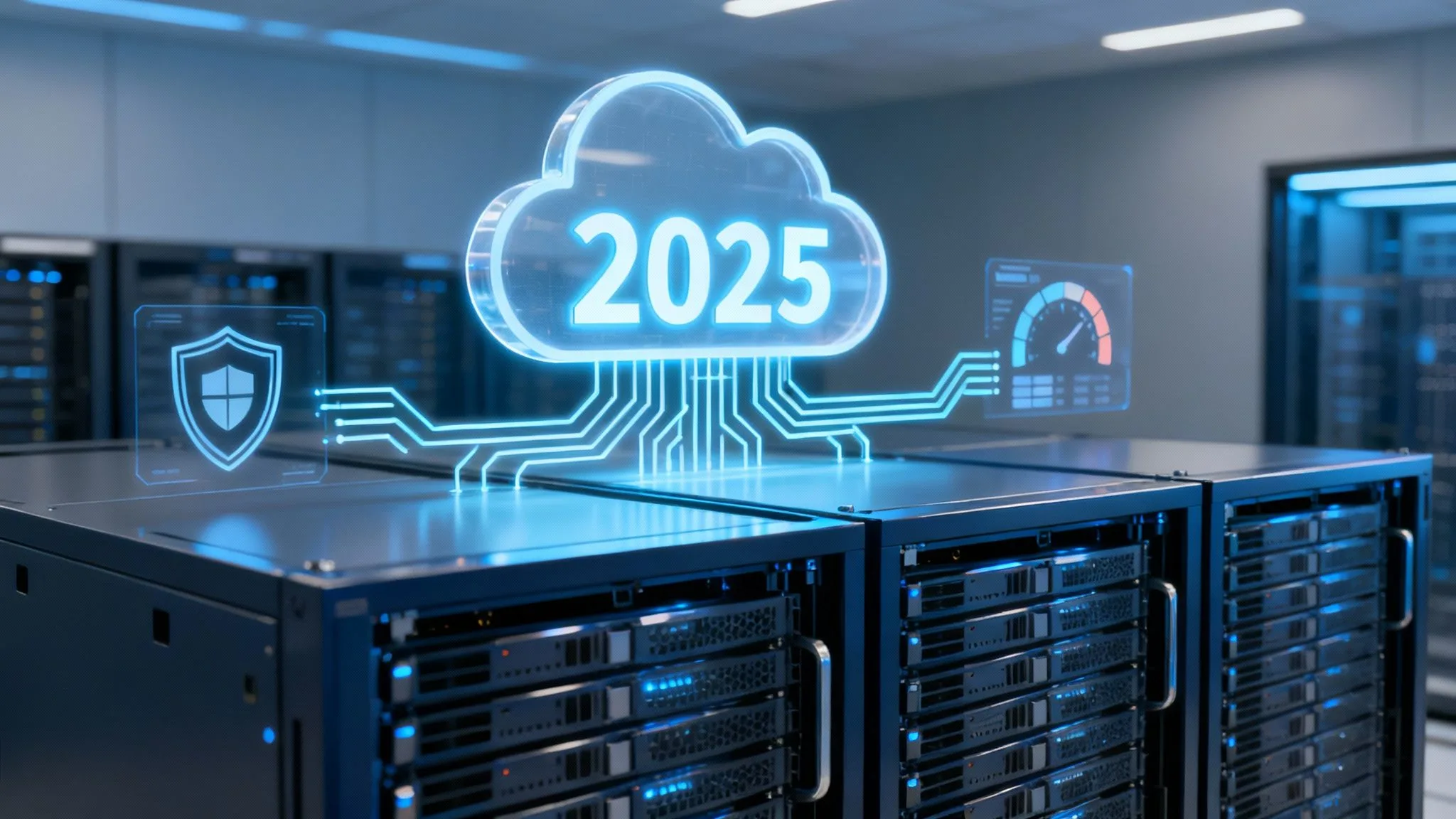 A server room with data racks, a glowing cloud icon displaying 2025, and digital graphics of a shield and gauge, symbolising IT Consultancy Services in cloud computing, cyber security, and future technology.